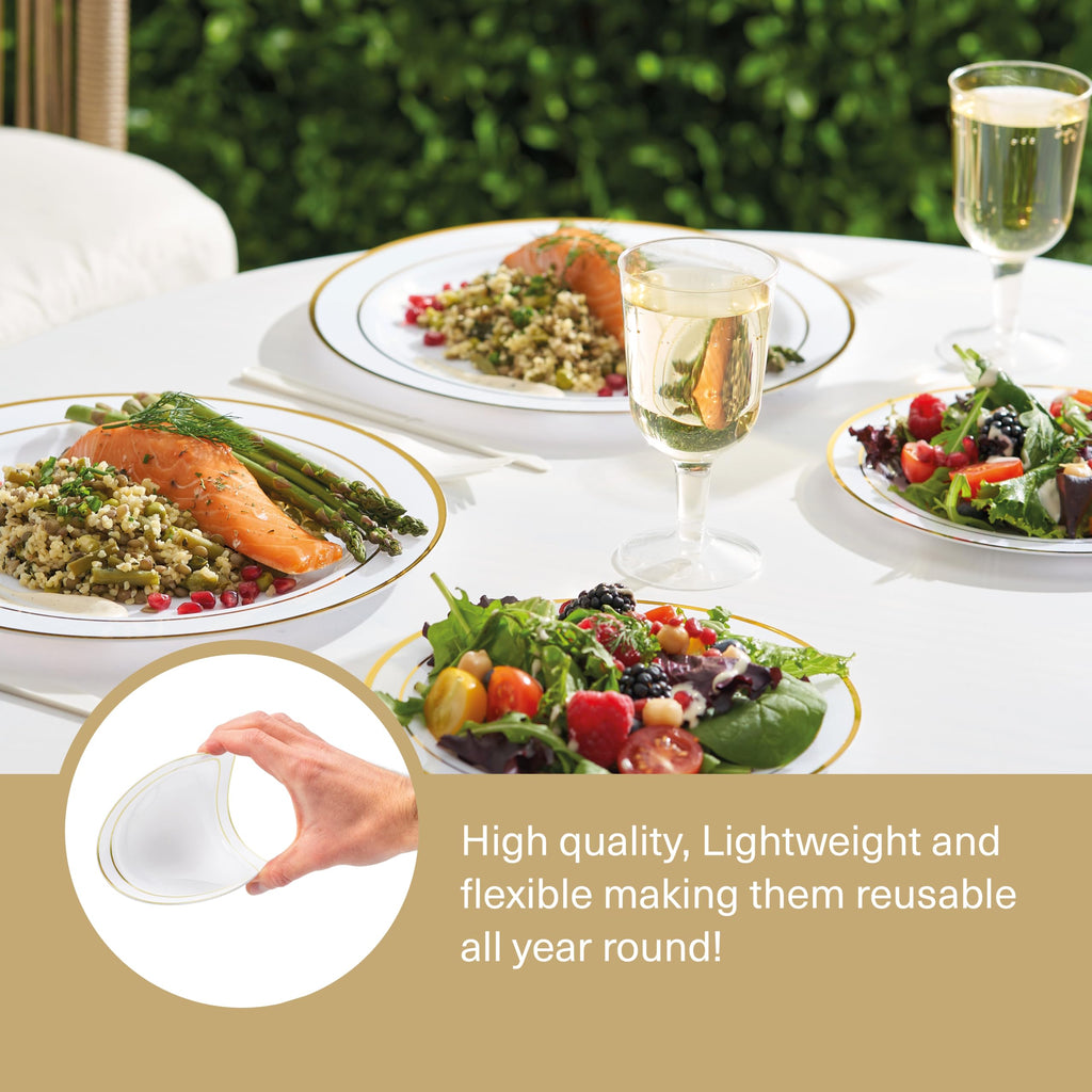 MATANA 60 pc Reusable Gold Plastic Plates with White Gold Rim - 30 Dinner Plates 10.25" Inch, 30 Salad Dessert Appetizer Plates 7.5" Inch, Heavy Duty, Elegant, Premium for Parties, Wedding & Events