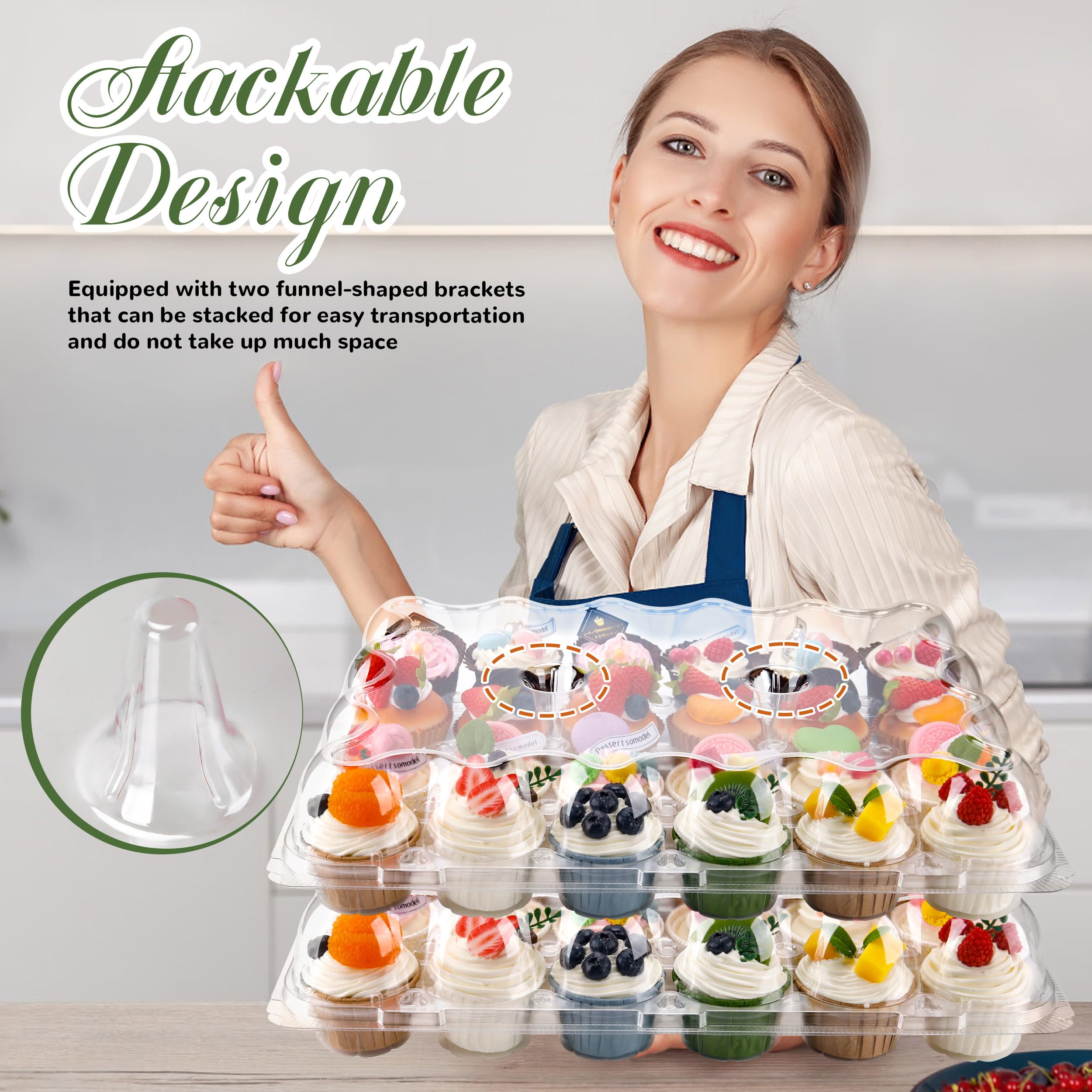 NPLUX 24 Count Cupcake Containers 10 Pack Cupcake Holders Plastic Stackable Cupcake Boxes with Detachable Tall Dome Lids and 240 Liners for 240 Cupcakes, BPA Free, Standard Size