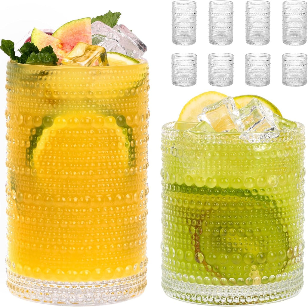 Hobnail Drinking Glasses Set of 8, 12 Oz Highball Glasses & 10 Oz Cocktail Glasses, Clear Embossed Boho Glass Cups Kitchen Bar Tumbler Glassware Set for Whiskey, Beer, Juice, Milk