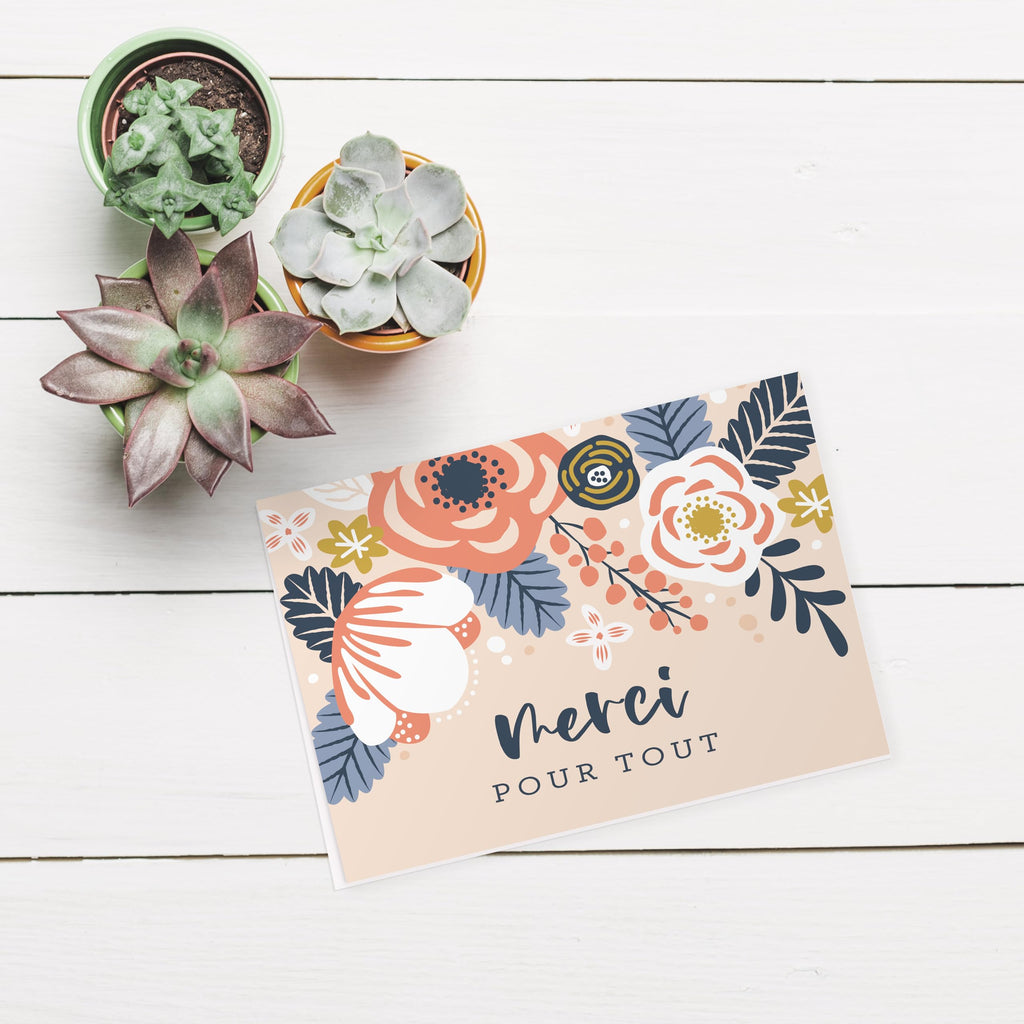 Floral Thank You Card Assortment / 24 Folded Merci Greeting Cards With White Envelopes / 4 5/8" x 6 1/4" French Canadian Notecards / 4 Unique Designs/Made In Canada