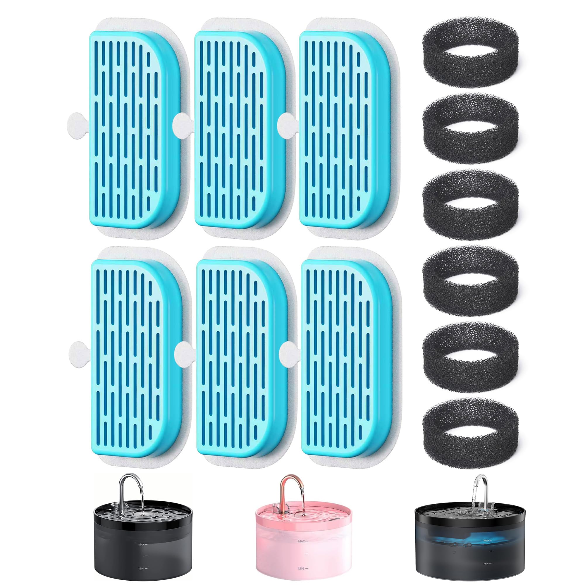 GIOTOHUN Cat Water Fountain Filter: 12 Cat Fountain Filter Replacement - 6 Pieces Filters + 6 Pieces Sponges for Pet Dispenser H1 (67oz/2L)