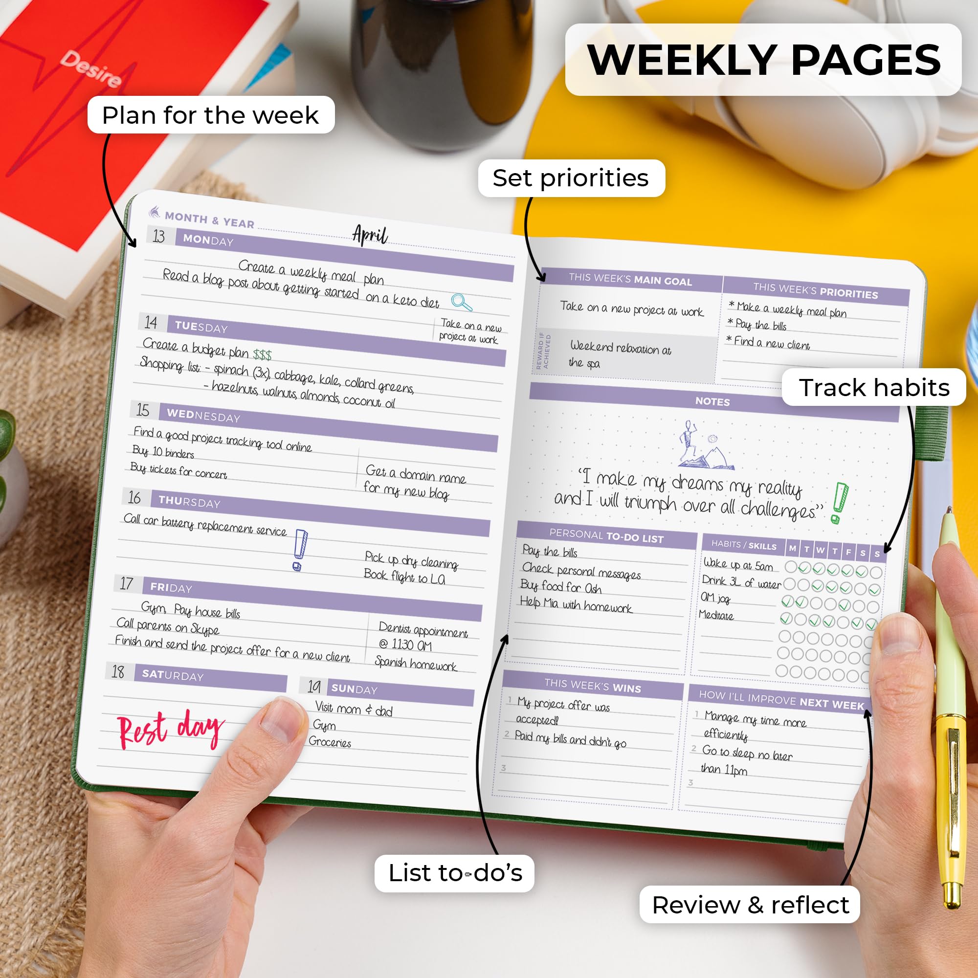 Clever Fox Planner 2nd Edition – Colorful Weekly & Monthly Goal Setting Planner, Habit Trackers, Time Management and Productivity Organizer, Gratitude Journal, Undated, A5, Lasts 1 Year – Forest Green