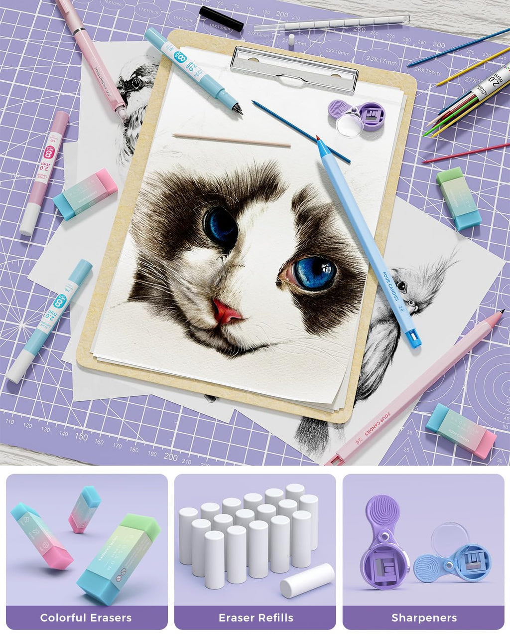Four Candies 36PCS Aesthetic School Supplies, Mechanical Pencils 0.5mm, 0.7mm, 0.9mm & 2.0mm with 624PCS Lead Refills, Cute Mechanical Pencils for Writing, Drawing & Drafting (Purple)
