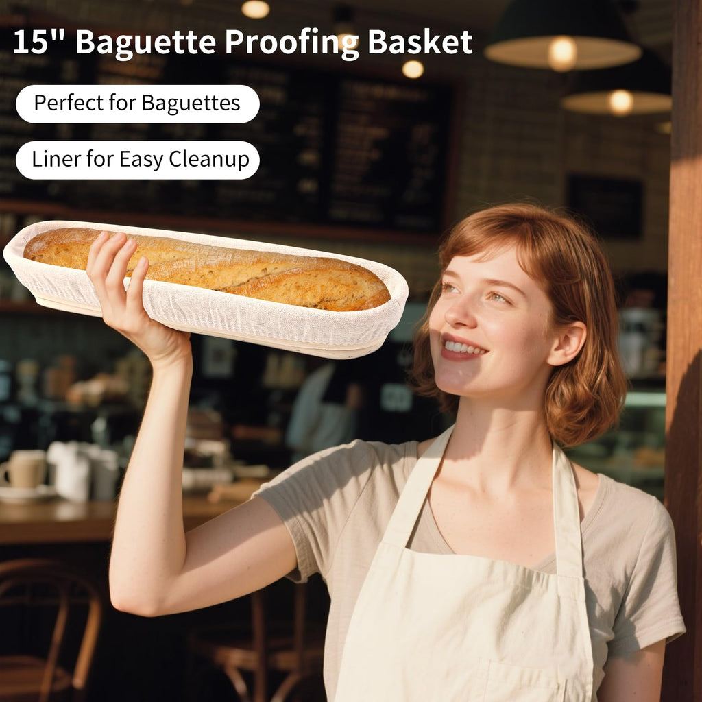 Banneton Bread Proofing Basket - 15 Inch Baguette Sourdough Bread Basket with Liner - Set of 2- Natural Rattan