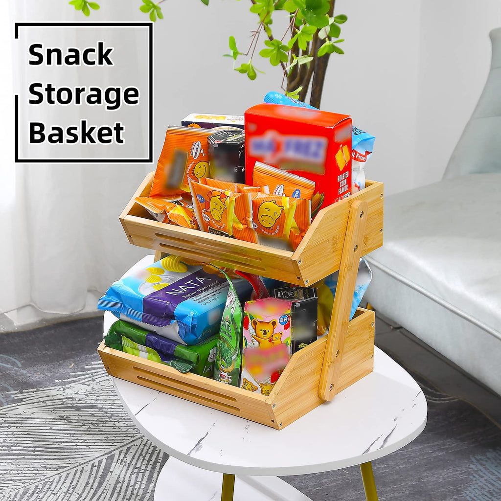 VIKEYHOME 2-Tier Bamboo Fruit Basket, 11" Tall, Multipurpose, Large Capacity, Natural, 15 mm Thickness (Self-Assembly)