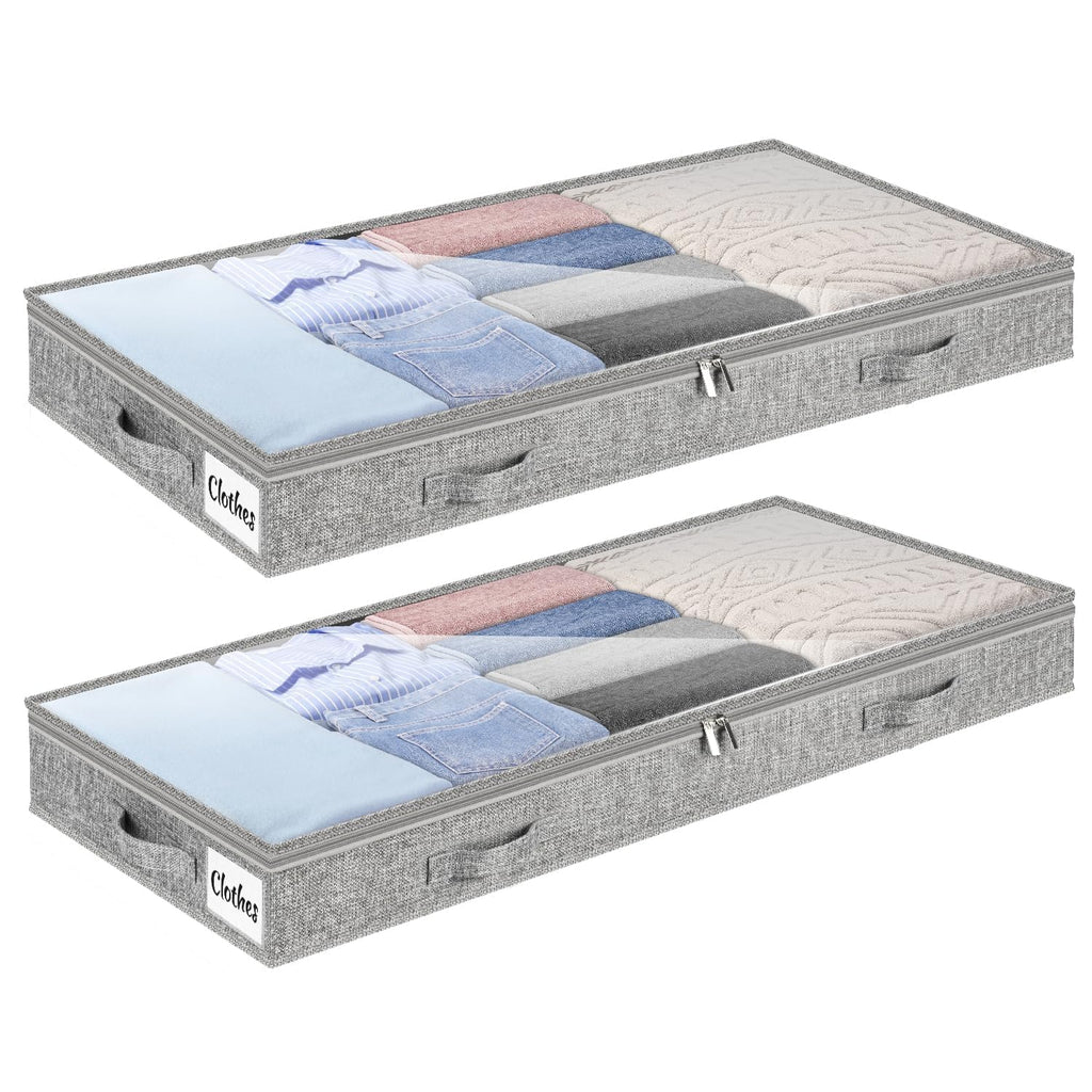 Under Bed Storage Bags 2 Pack, 4 Inch Foldable Underbed Storage Container Bins with NO STRUCTURE, Shallow Closet Organizer Storage Container for Dorm & Home, With Clear Lids & Reinforced Handles, Grey