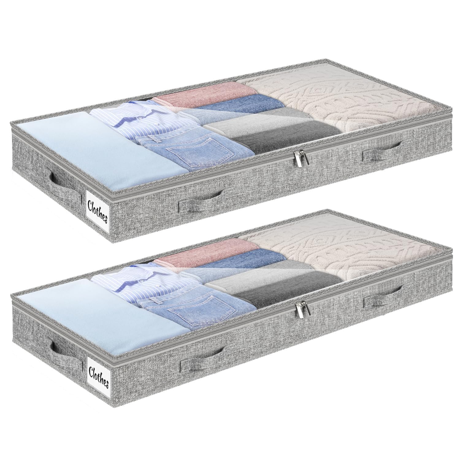Under Bed Storage Bags 2 Pack, 4 Inch Foldable Underbed Storage Container Bins with NO STRUCTURE, Shallow Closet Organizer Storage Container for Dorm & Home, With Clear Lids & Reinforced Handles, Grey