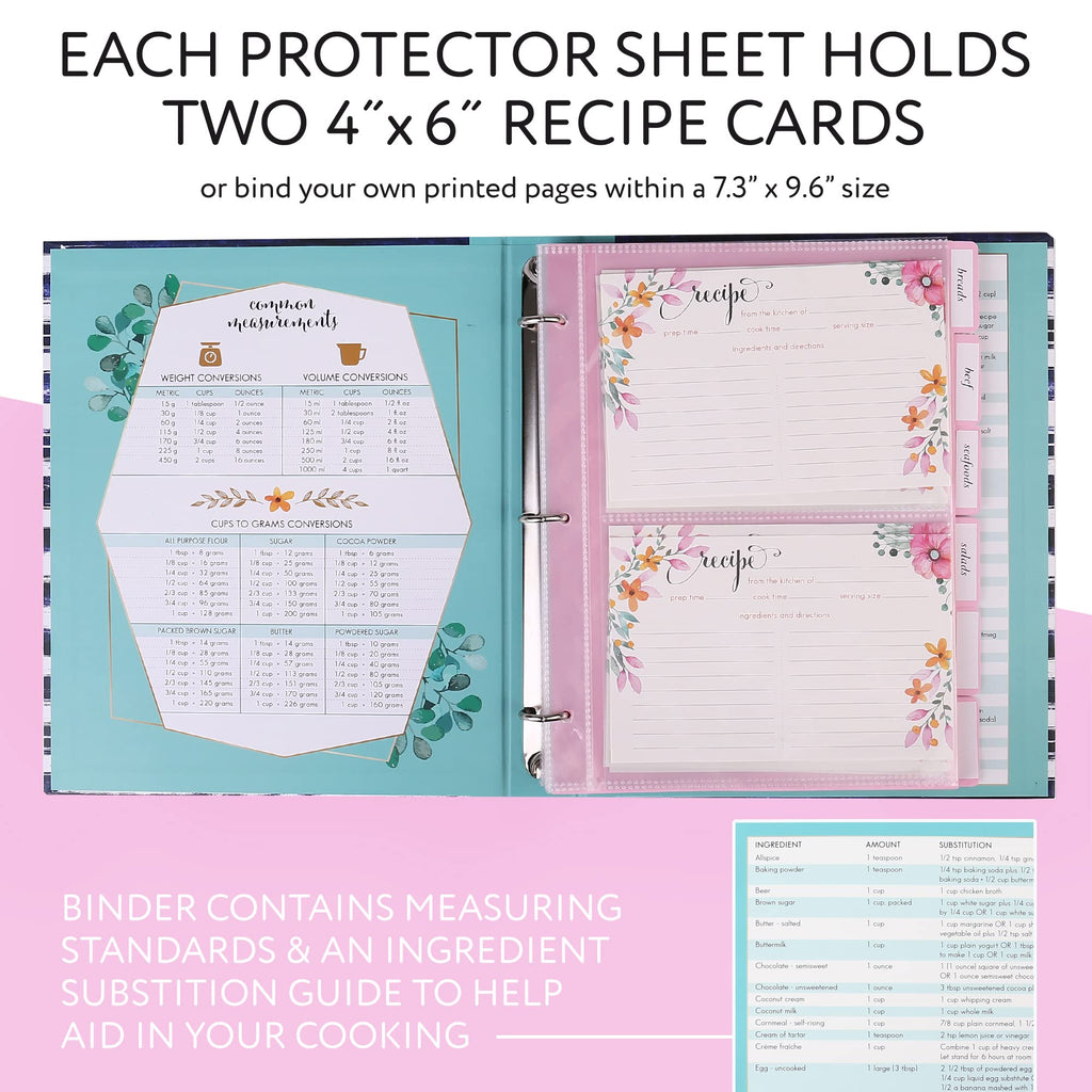 LotFancy Recipe Binder, 8.5” x 10”, with 60 Blank Recipe Cards 4x6, 30 Plastic Page Protectors, 3 Tabbed Dividers, 24 Labels - Kitchen Recipe Card Cookbook Binder Organizer Kit