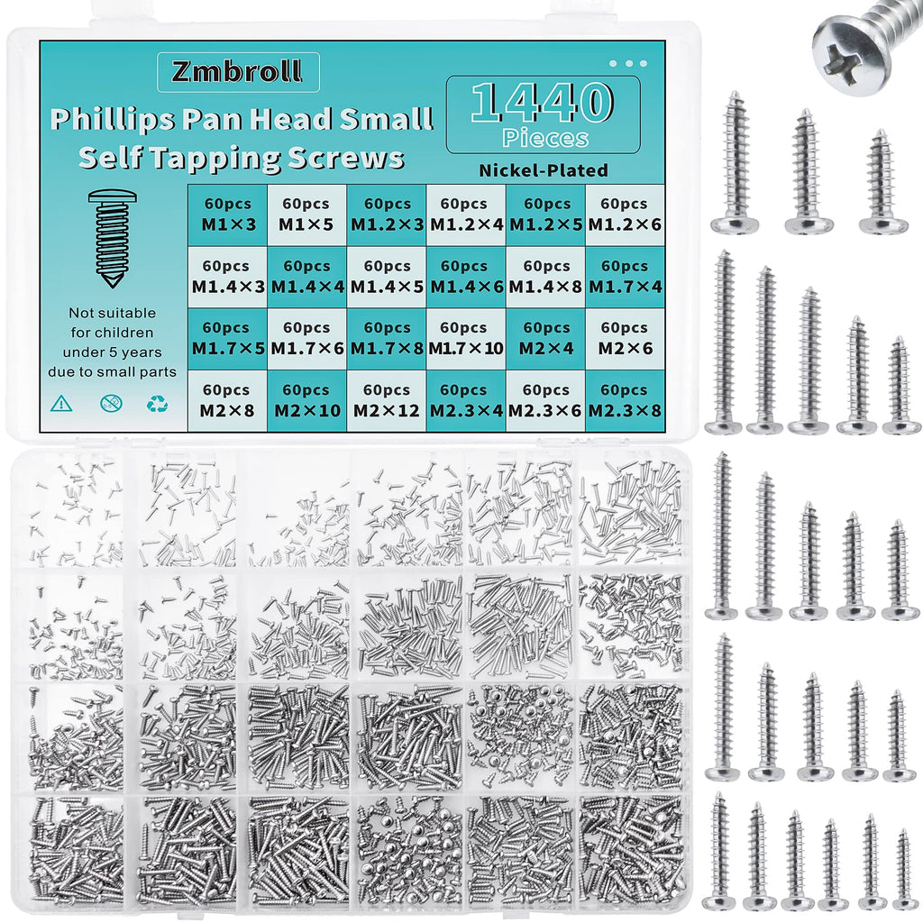 Zmbroll 1440Pcs Mini Self Tapping Screws - Phillip Pan Head Micro Electronic M1 M1.2 M1.4 M1.7 M2 M2.3 Silver 24 Size Assortment Kit