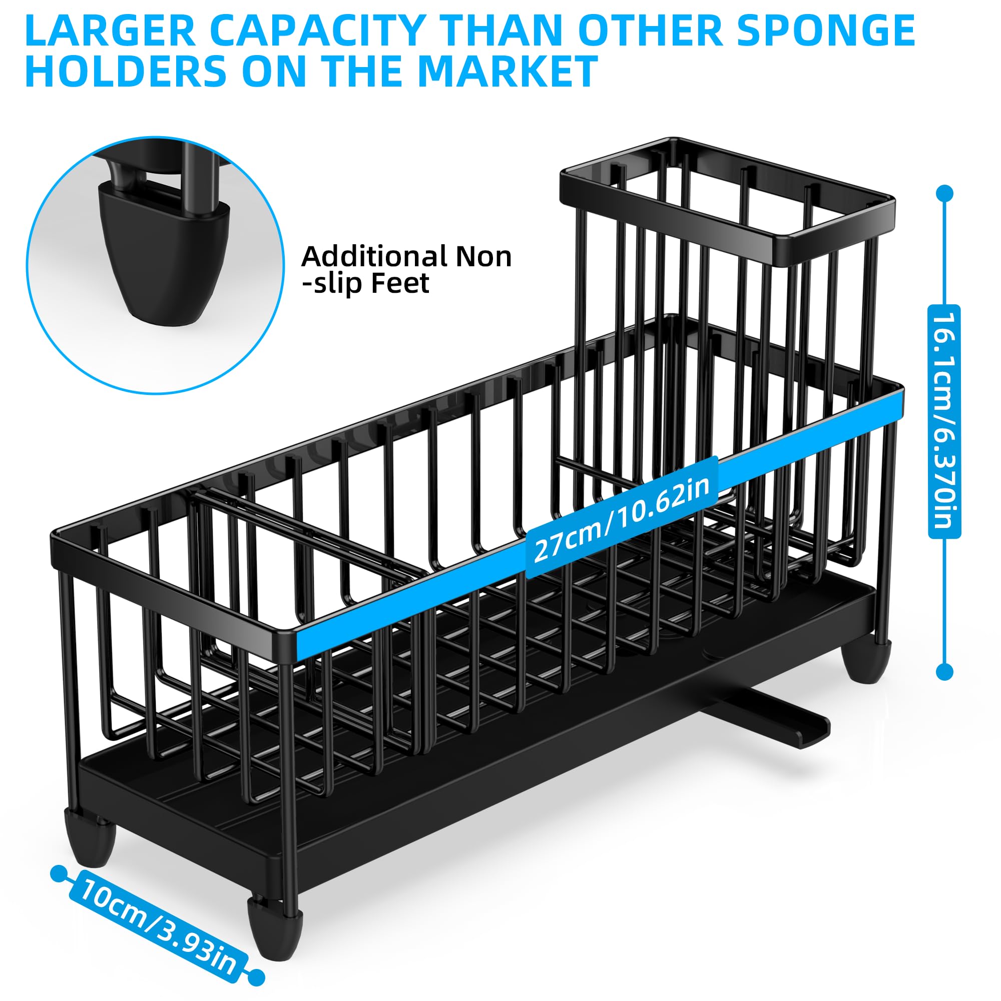 Moforoco Larger Sponge Holder for Kitchen Sink, Sink Caddy with High Brush Holder, Kitchen Sink Organizer Countertop Rustproof 304 Stainless Steel (Black)