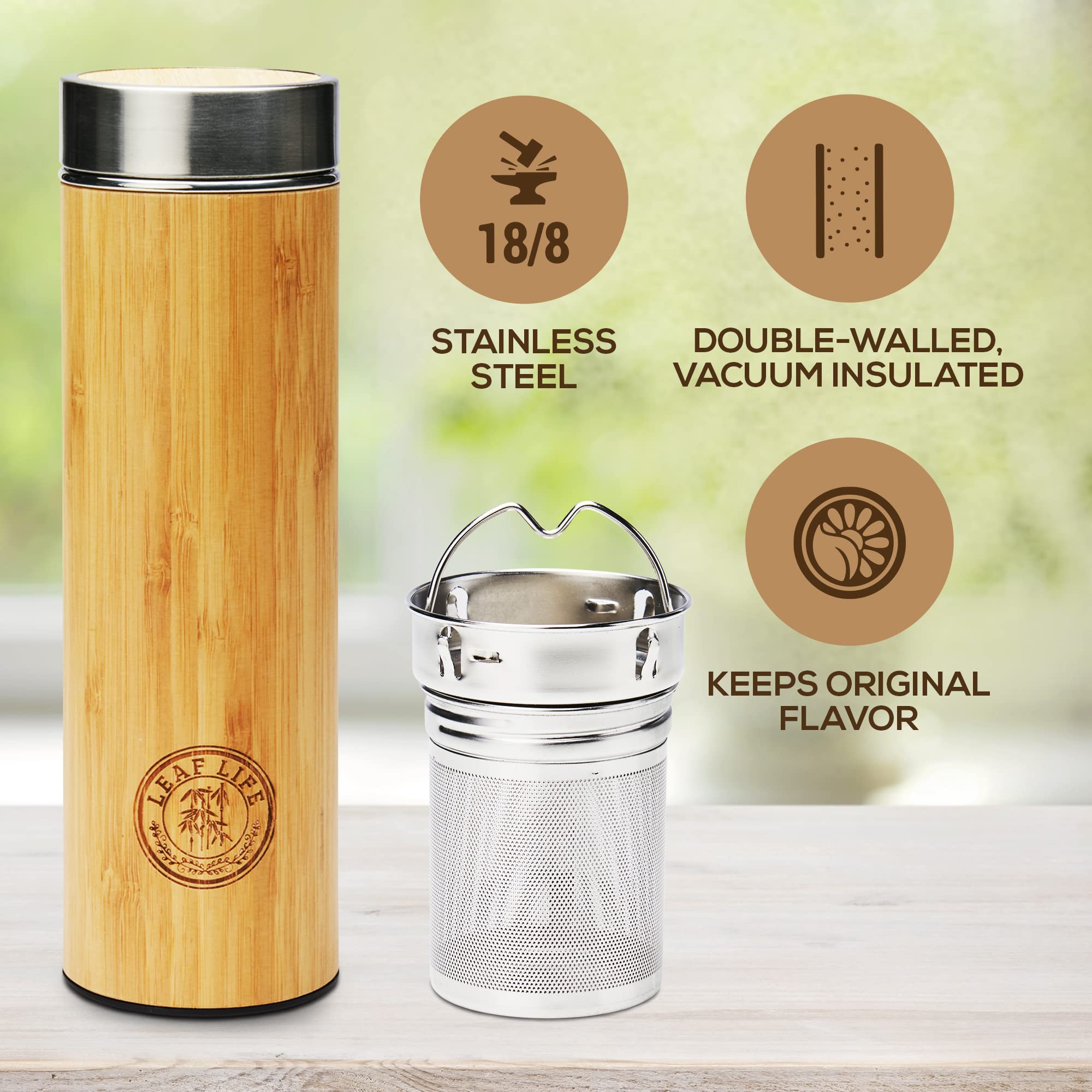 Leaflife Sustainable Bamboo Loose Leaf Tea Tumbler - 17oz Tea Bottle with Infuser - 12 Hrs Hot & Cold-Vacuum Insulated Stainless Steel Tea Gift for Women, Men - Tea Infuser Travel Mug with Lid