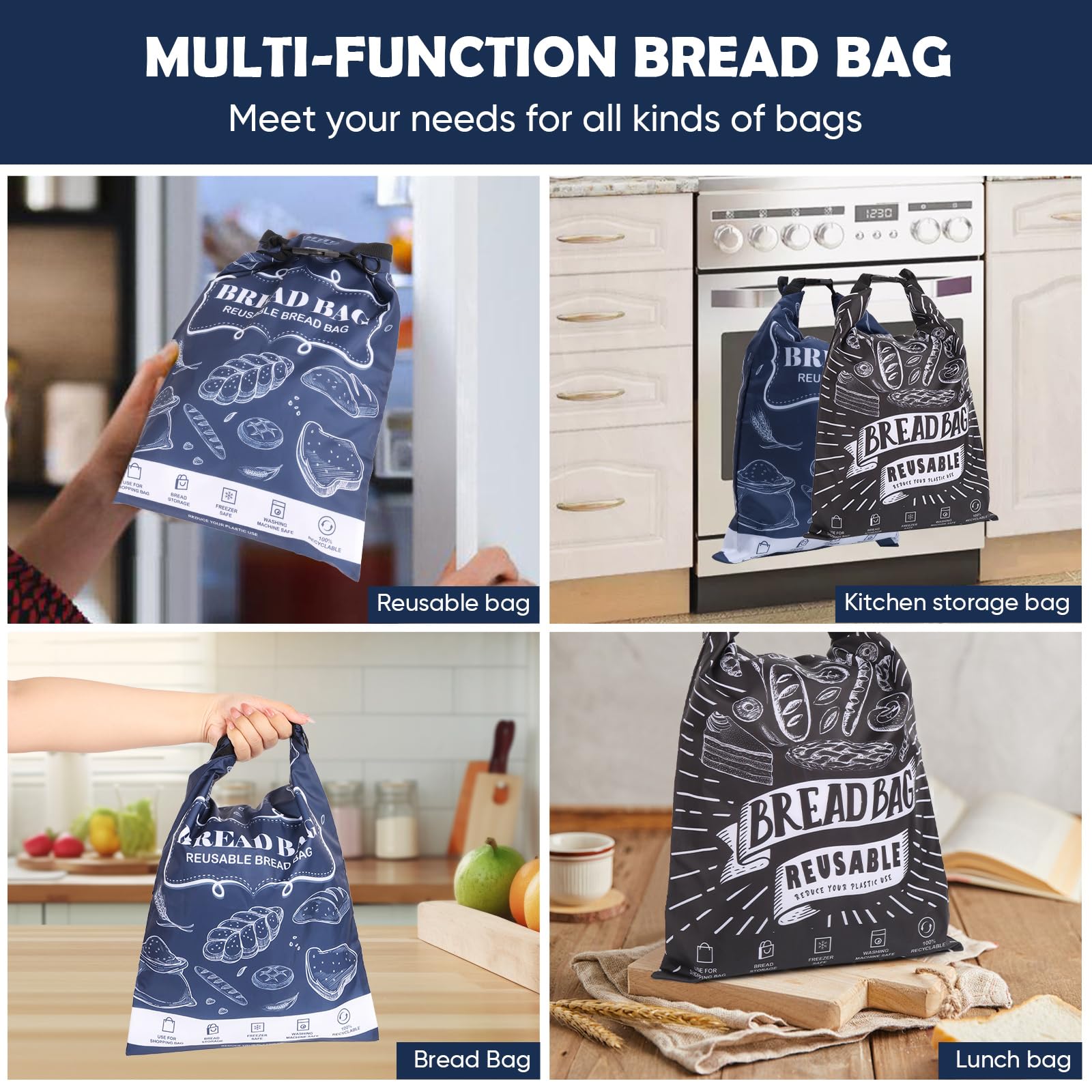 Bread Bags, 2 Packs Bread Bags for Homemade Bread, Reusable Sourdough Storage Bag With Zipper, Large Freezer Container to Keep Bread Fresh (Black, L)