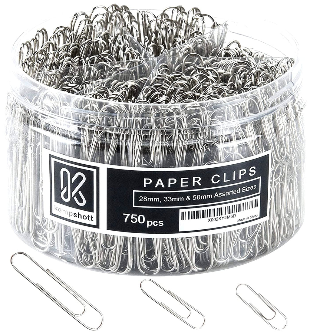 Kempshott 750 Paper Clips - Assorted Sizes Small, Medium and Large Paper Clips for Paperwork Ideal for Home, School and Office Use (28mm,33mm, 50mm)