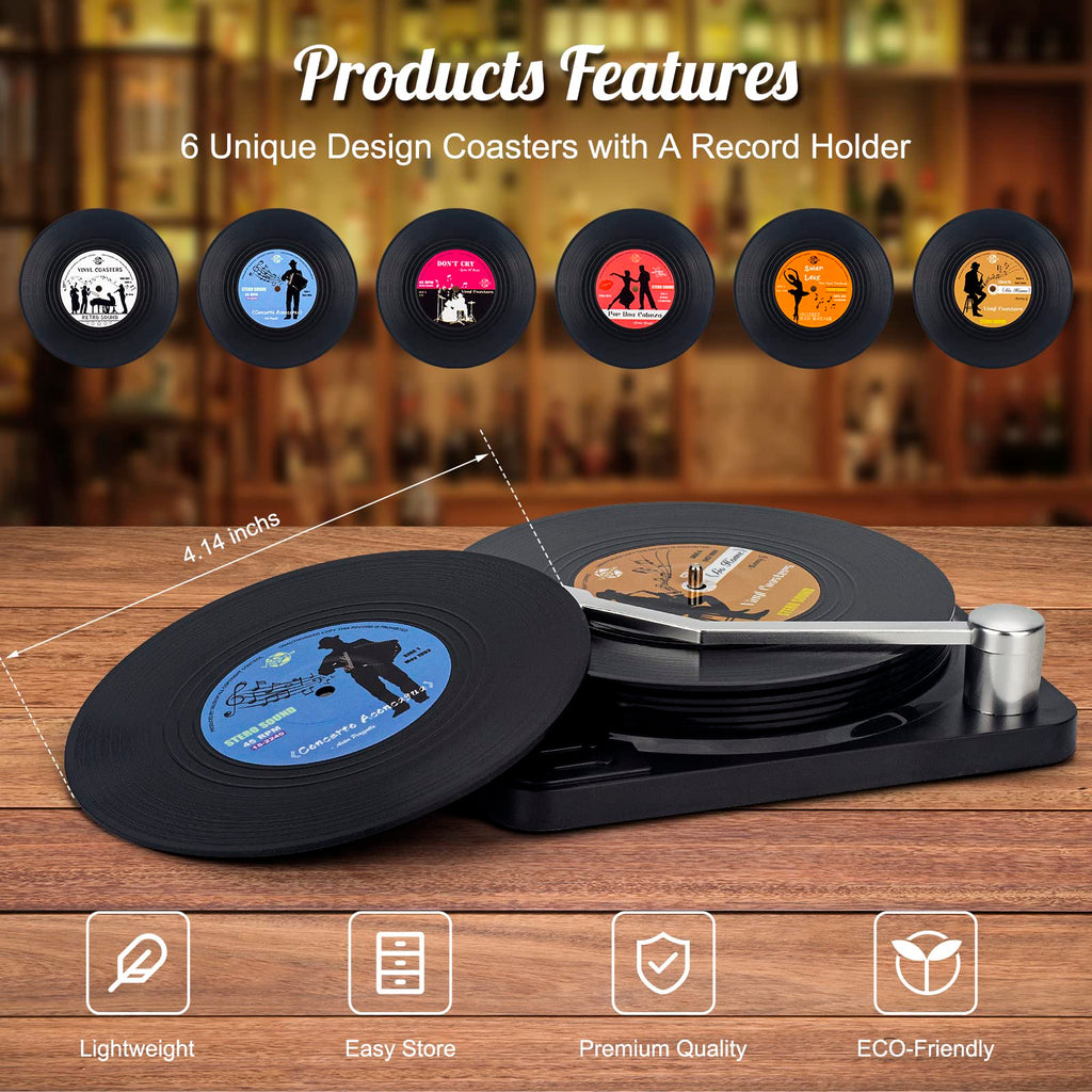 Valdivia Funny Retro Vinyl Record Coasters with Player, 6 Pcs Music Coasters for Drinks, Bars, Cafes, Office, Birthday Gifts for Music Lovers, Home Decor Housewarming and White Elephant Gifts Ideas