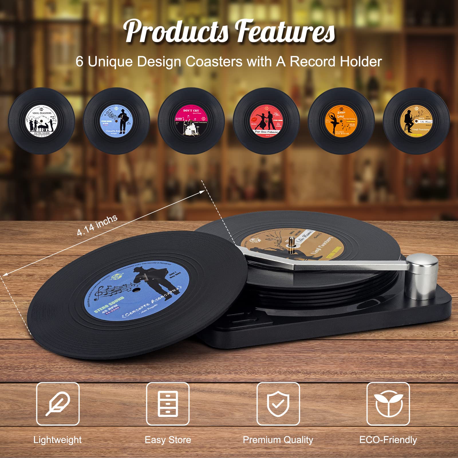 Valdivia Funny Retro Vinyl Record Coasters with Player, 6 Pcs Music Coasters for Drinks, Bars, Cafes, Office, Birthday Gifts for Music Lovers, Home Decor Housewarming and White Elephant Gifts Ideas