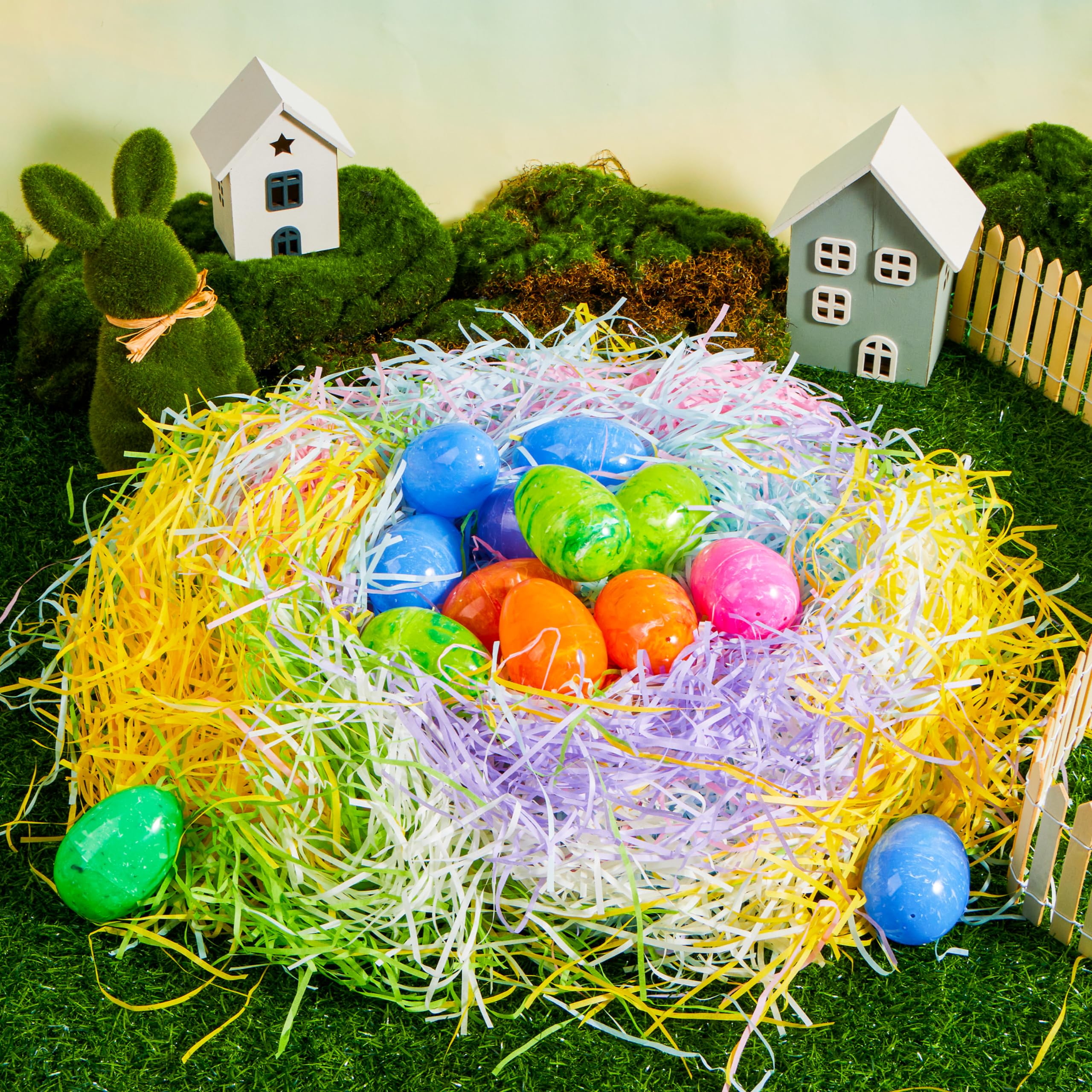 JOYIN 1000g(36oz) Multicolor Rainbow Easter Grass, Recyclable Paper Grass Shred Pastel Colors (Pink Yellow Green Purple Creamy Sky Blue), Easter Egg Hunt, Basket Stuffer Filler, Party Decor Favor