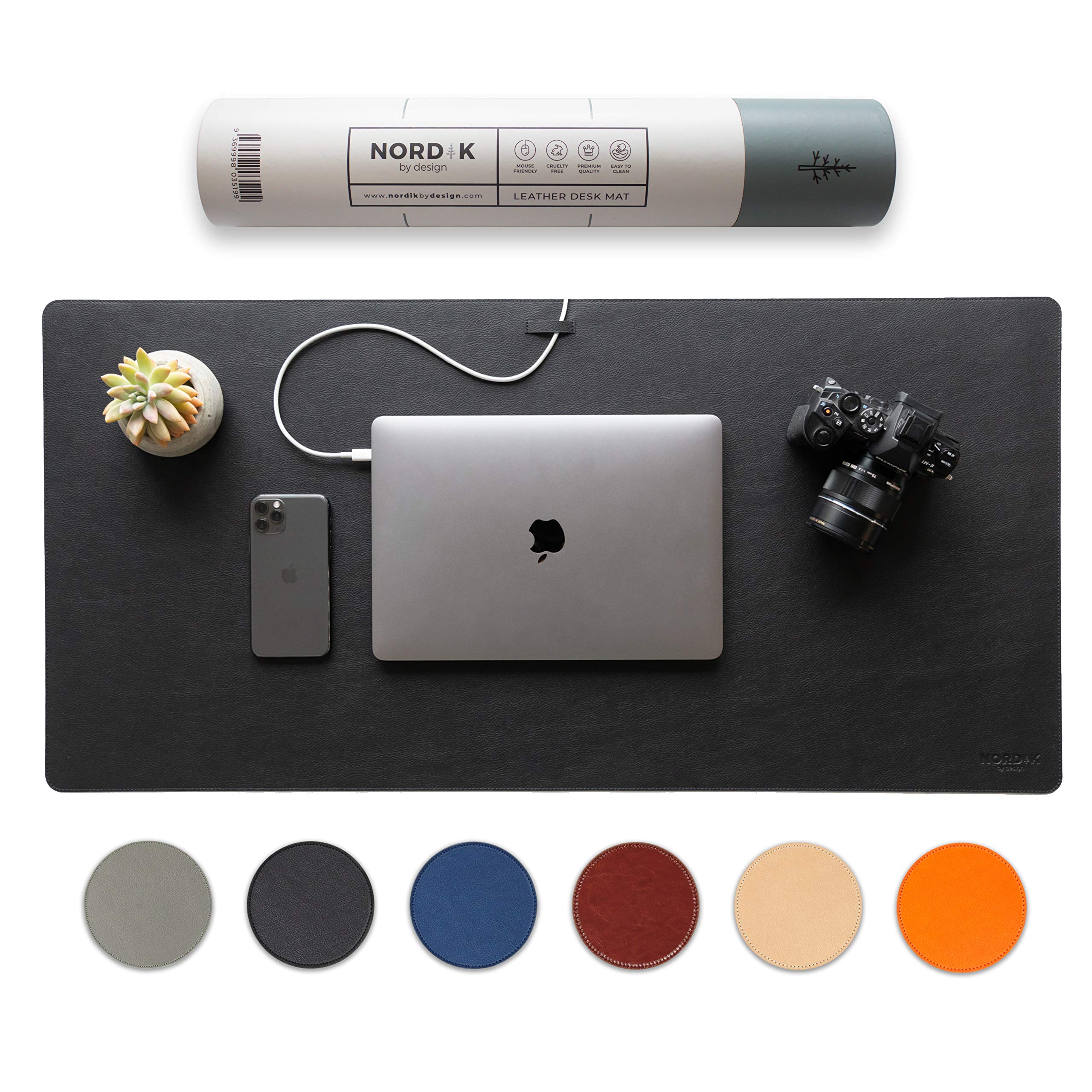 Nordik Leather Desk Mat Cable Organizer - Pebble Black 89cm x 43cm - Premium Extended Mouse Mat for Home Office Accessories - Felt Vegan Large Leather Desk Pad Protector & Desk Blotter Pads Décor
