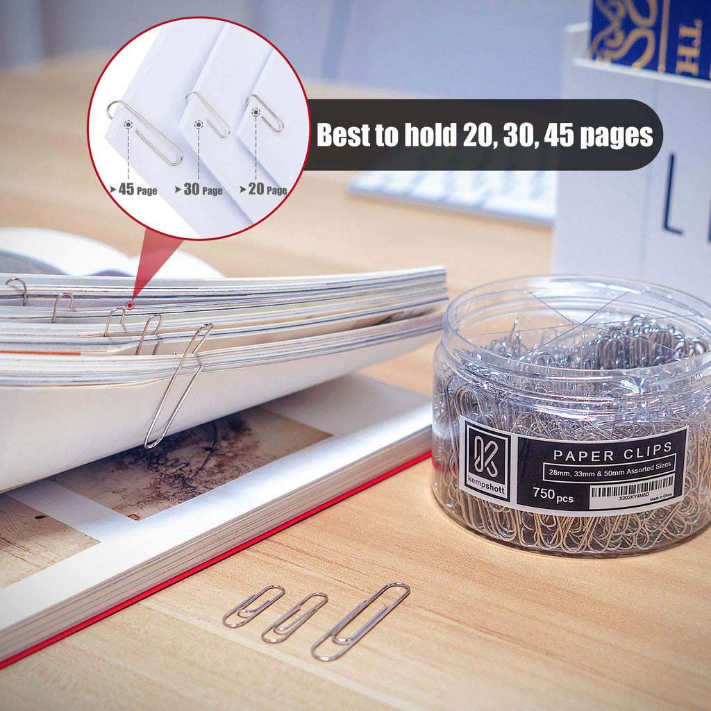 Kempshott 750 Paper Clips - Assorted Sizes Small, Medium and Large Paper Clips for Paperwork Ideal for Home, School and Office Use (28mm,33mm, 50mm)