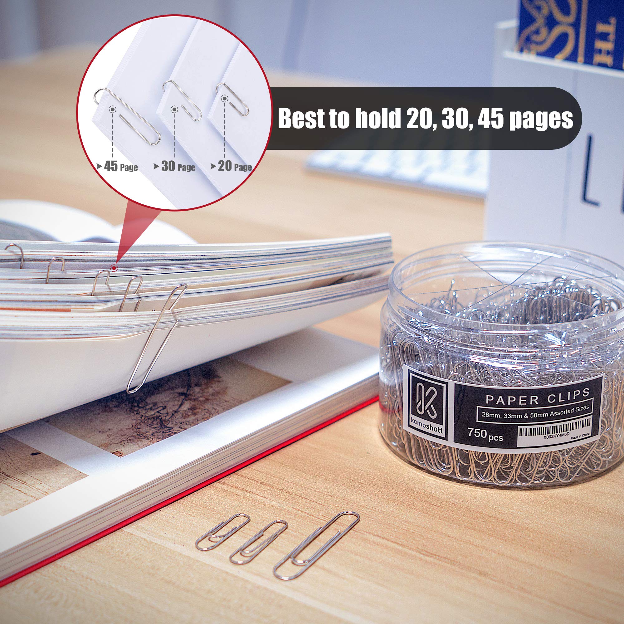 Kempshott 750 Paper Clips - Assorted Sizes Small, Medium and Large Paper Clips for Paperwork Ideal for Home, School and Office Use (28mm,33mm, 50mm)