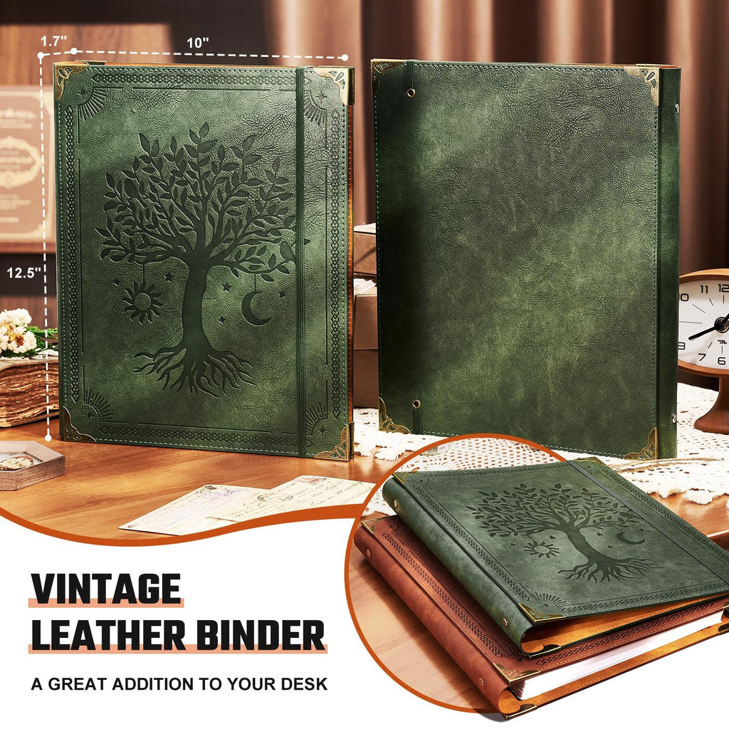 Ovesmusl Leather 3 Ring Binder Fits 8.5"x11" Letter Size Paper, 1 Inch Round Ring Binder Holds 200 Sheets, Notepad Paper Cover Loose Leaf Organizer, Brown Tree