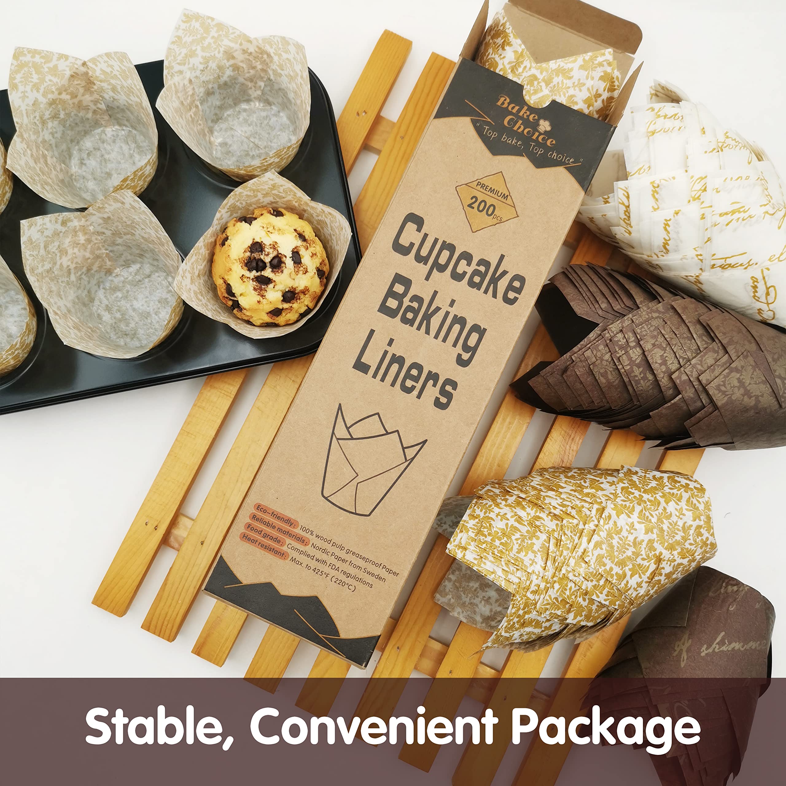 Bake Choice Nordic Paper Tulip Cupcake Liners for Baking - 200pcs Four Fancy Designs, Standard Size, Parchment Paper Muffin Liners for Party, Christmas