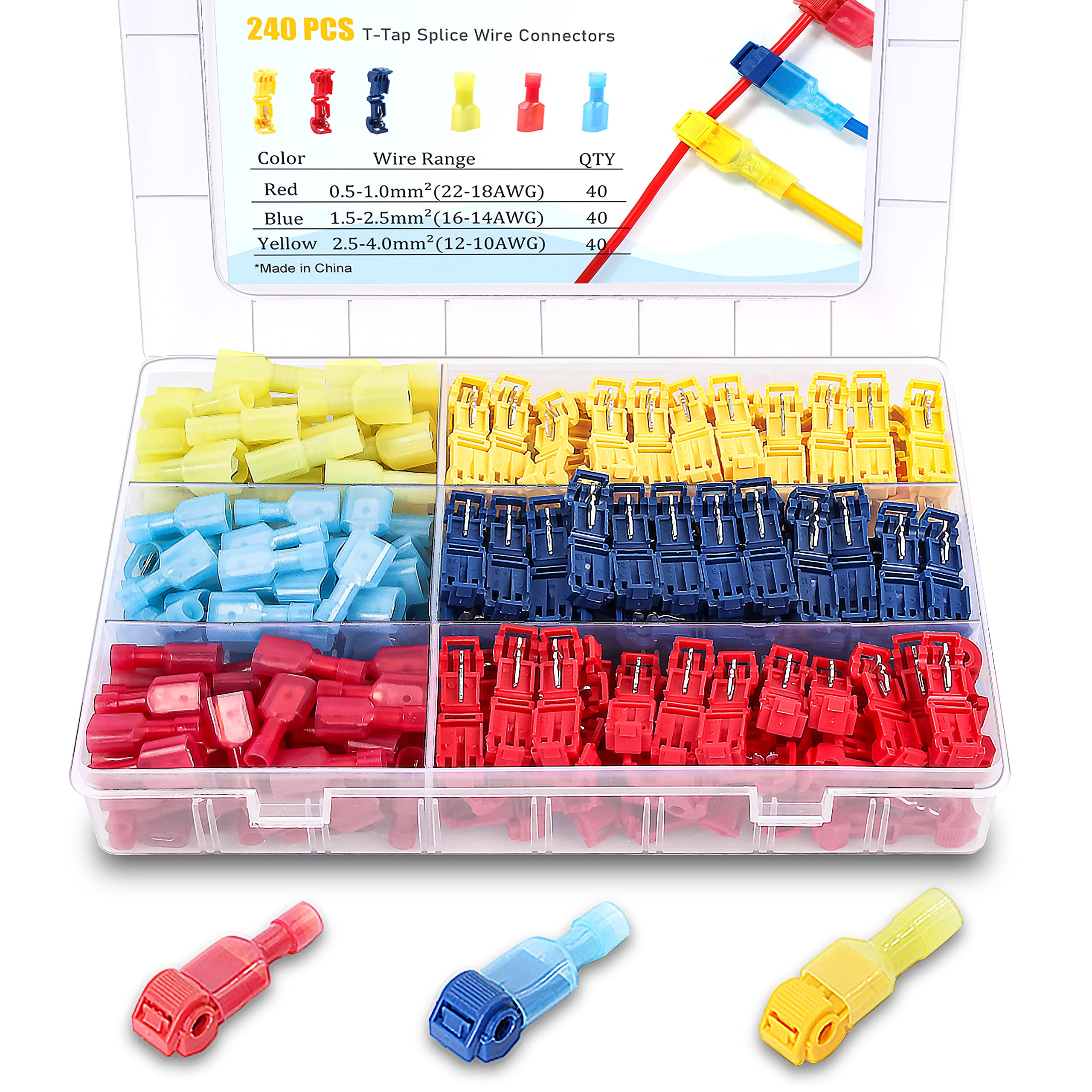 Flytuo 240PCS T-Tap Wire Connectors, AWG 22-10, Self-Stripping Quick Splice Electrical Wire Terminals, Color Coded Insulated Male Quick Disconnect Spade Terminals Assortment Kit for Wiring (3 Colors)