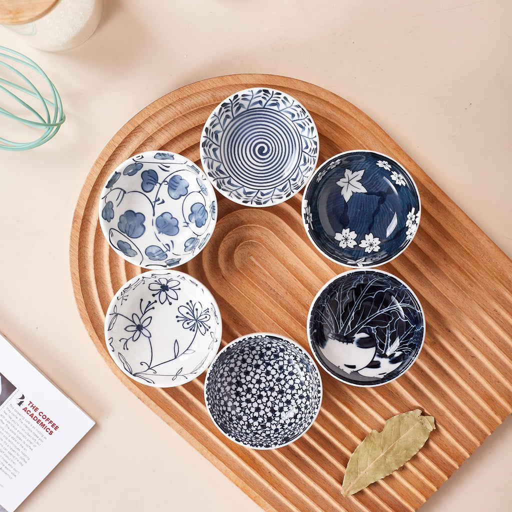 Swuut Japanese Style Ceramic Dipping Bowls,3'' Small Pinch Bowls Set Side Sauce Cups,Dishes for Sushi,Snack and Soy,BBQ,2.5 Oz Blue and White Mini Bowl for Kitchen Prep - Set of 6 (3 inch)
