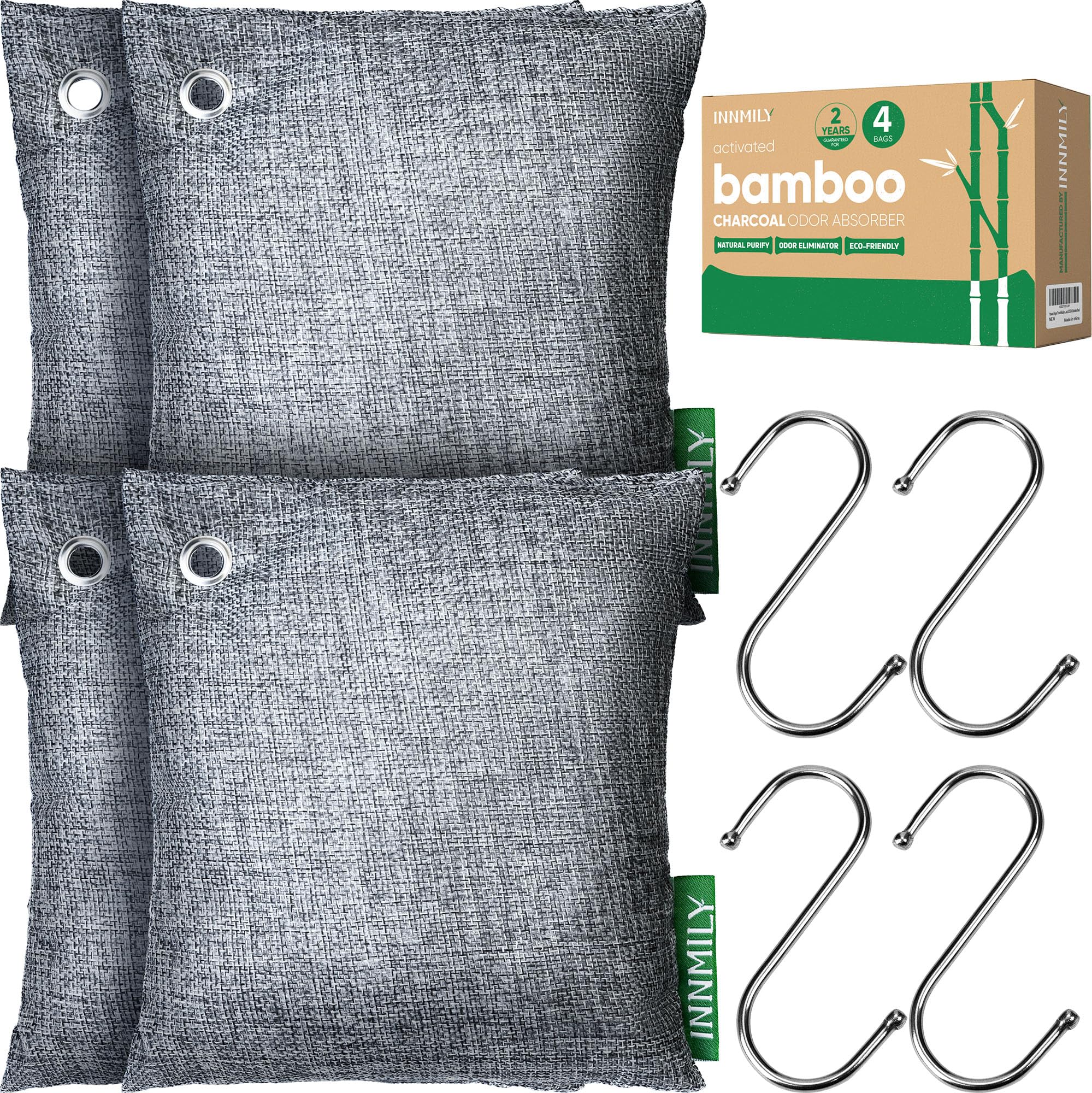 Activated Charcoal Odor Absorber, Large 4x500g w Hooks Nature Odor Remover for Strong Odor, Bamboo Charcoal Air Purifying Bags, Odor Eliminator for Home Car Closet Pet, Smoke Deodorizer
