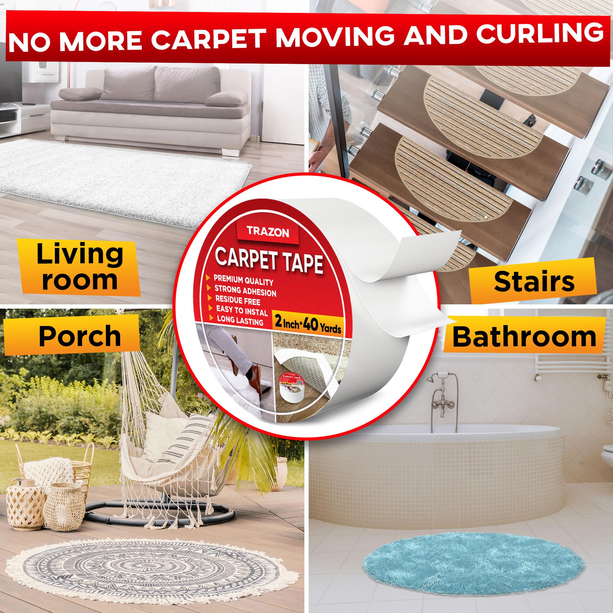 Trazon Carpet Tape Double Sided - Rug Tape Grippers for Hardwood Floors and Area Rugs - Carpet Binding Tape Strong Adhesive and Removable, Heavy Duty Stickers Tape, Residue Free (2 Inch / 40 Yards)
