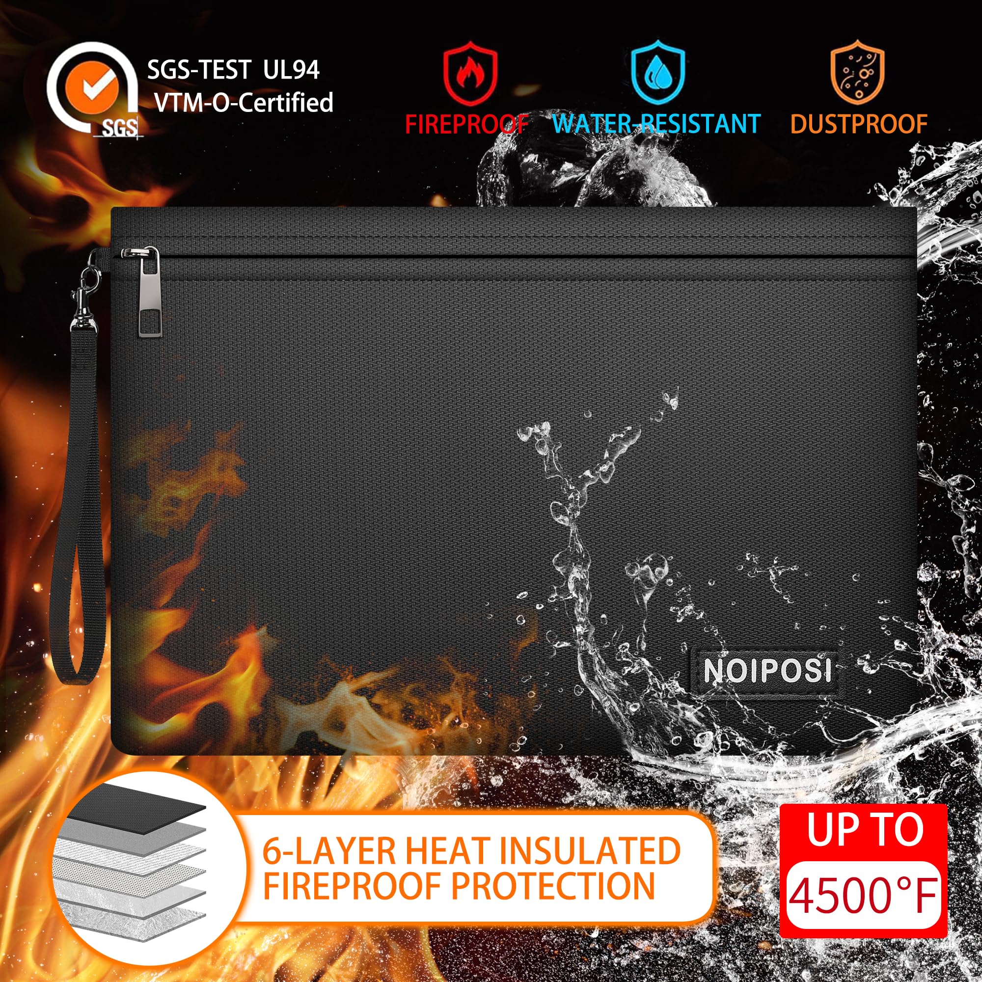 Noiposi Fireproof Document Bags (2 Set, 4500℉), 14.17"x10.43" FirePoof Storage & Water-Resistant Pouch for Important Papers, 11" x7.67" Fire Proof Money Bag for Cash | Passports | Valuables