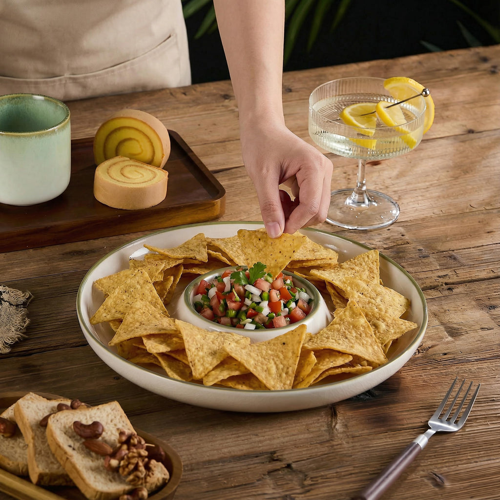Ceramic Chip & Dip Tray Set: Large 11.5" Serving Dishes, Bowls & Platters, Christmas Dishes, Serving Platter, Snack Tray, Lenox Spice Village Set,Vaisselle de Noel for Appetizers & Parties