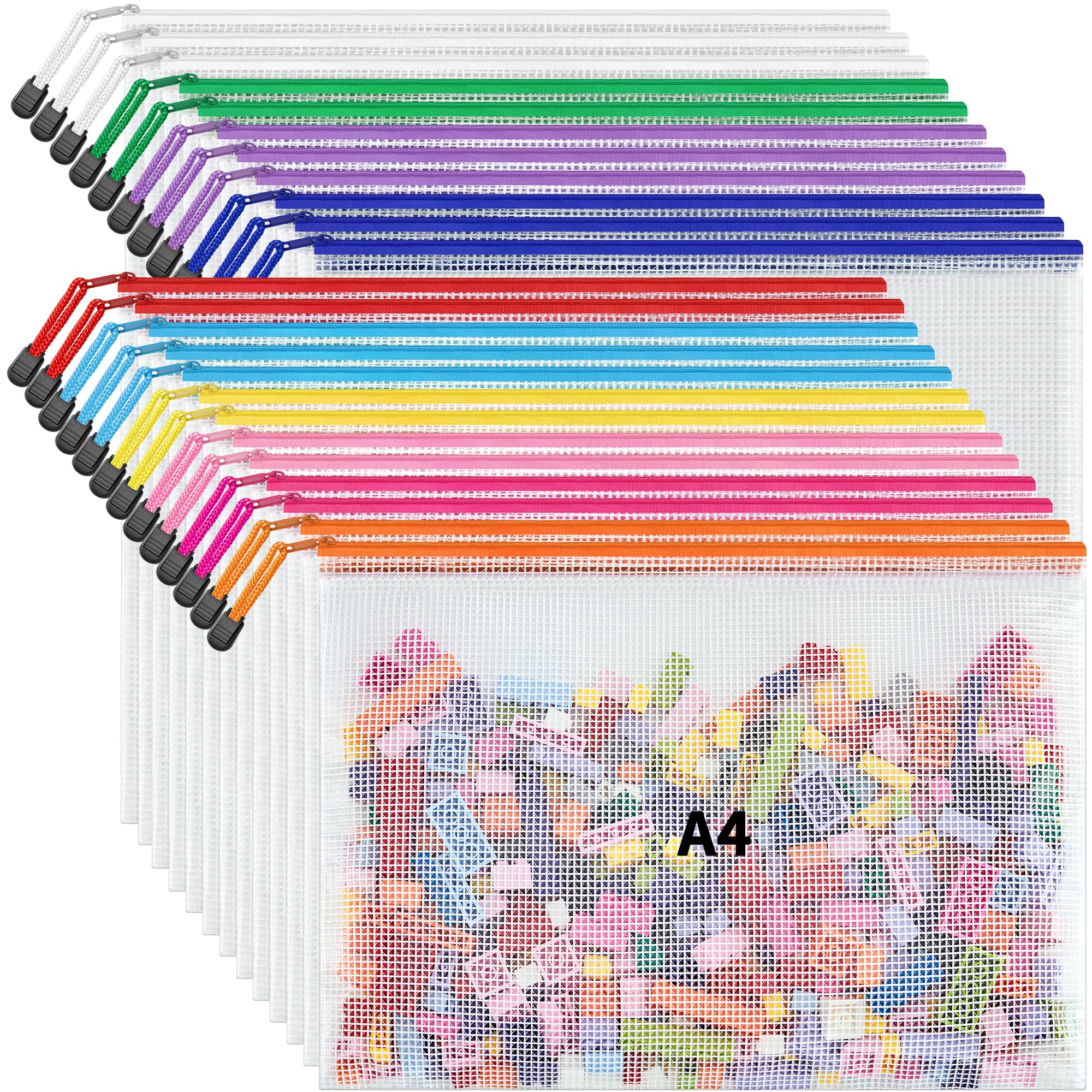 JARLINK 24 Pack 10 Colors Zipper Mesh Document Pouch, A4 Letter Size Mesh Bags for Board Games & Puzzles, Waterproof Document Zipper Pouches for Office School Supplies, Toys, Cosmetics Travel Storage