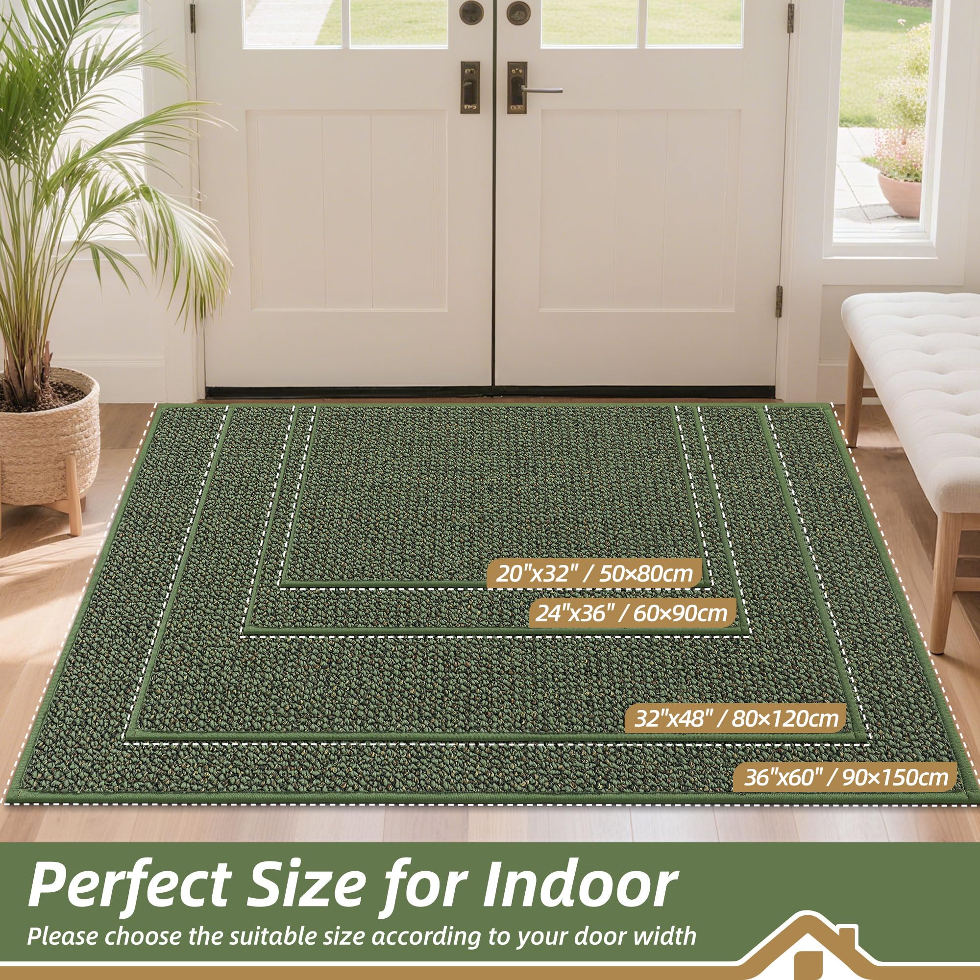 BEQHAUSE Dirt Trapper Door Mat 20" x 32", Non-Slip Washable Doormats Entrance Mat, Dirt Resistant and Absorbent Welcome Mat, Low Profile Floor Mats for Front Back Door and Entryway, Green