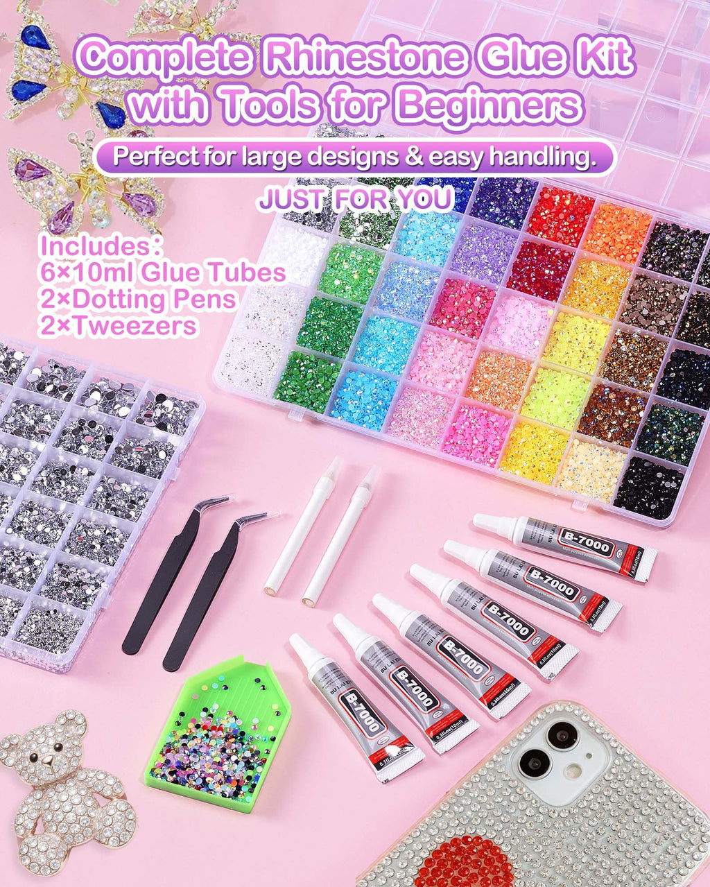 62,000pcs/64-Cells Bedazzling Kit, with 32,000pcs 3mm Nail Rhinestones in 40Colors for Bedazzling & 30,000pcs Clear Flatback Nail gems,6 Bottles B7000 Jewelry Glue, 2 Tweezers & 2 Dotting Pens