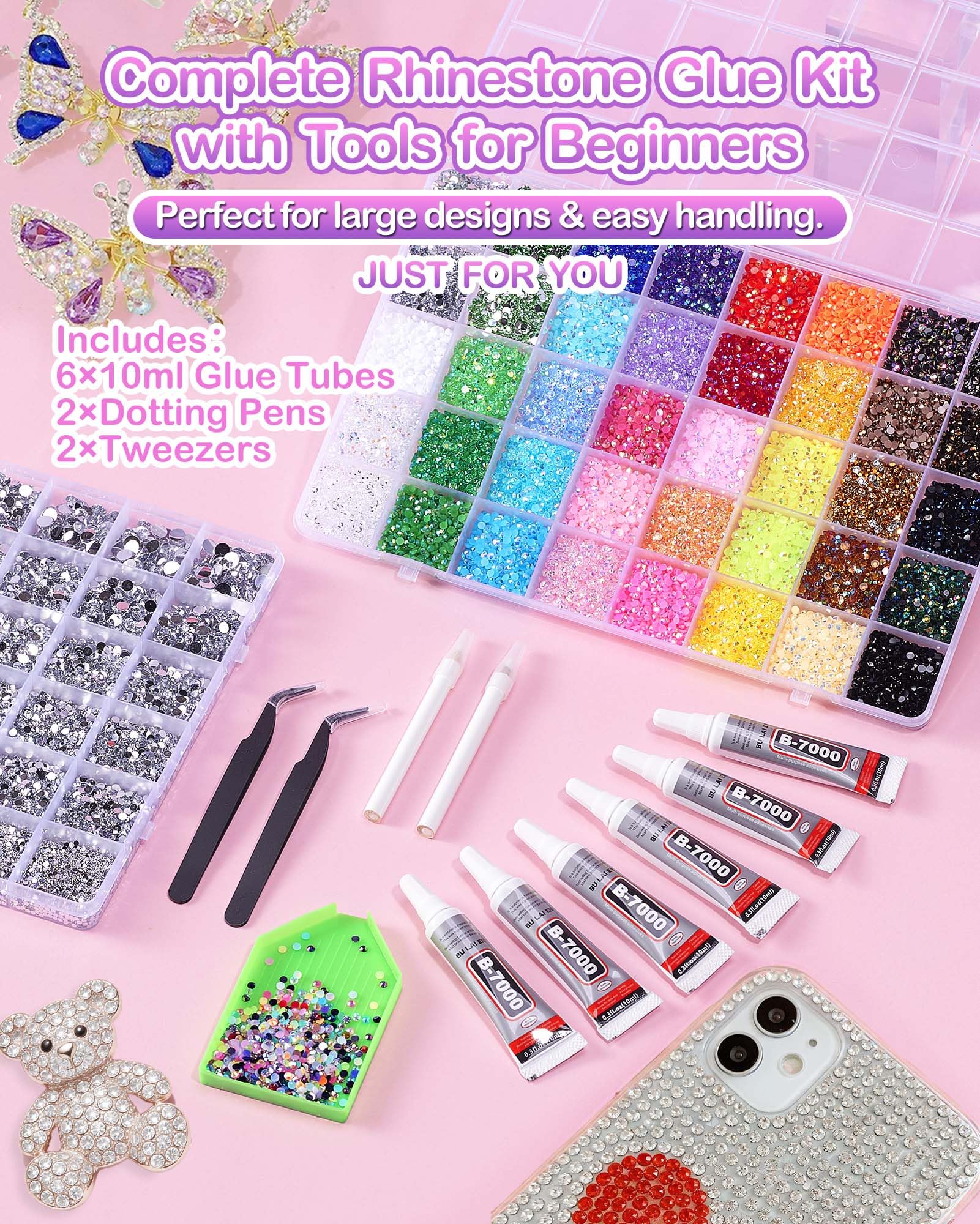 62,000pcs/64-Cells Bedazzling Kit, with 32,000pcs 3mm Nail Rhinestones in 40Colors for Bedazzling & 30,000pcs Clear Flatback Nail gems,6 Bottles B7000 Jewelry Glue, 2 Tweezers & 2 Dotting Pens