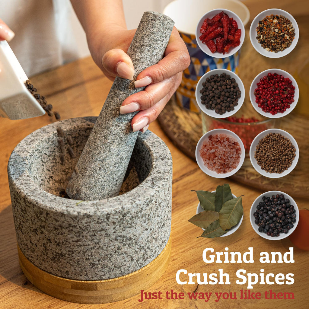 Heavy Duty Mortar and Pestle Set with Bamboo Base, Large 2 Cups, 100% Natural Granite Mortar and Pestle Large Stone Grinder Bowl, Molcajete Bowl, Masher Guacamole Bowls, Unpolished Grey