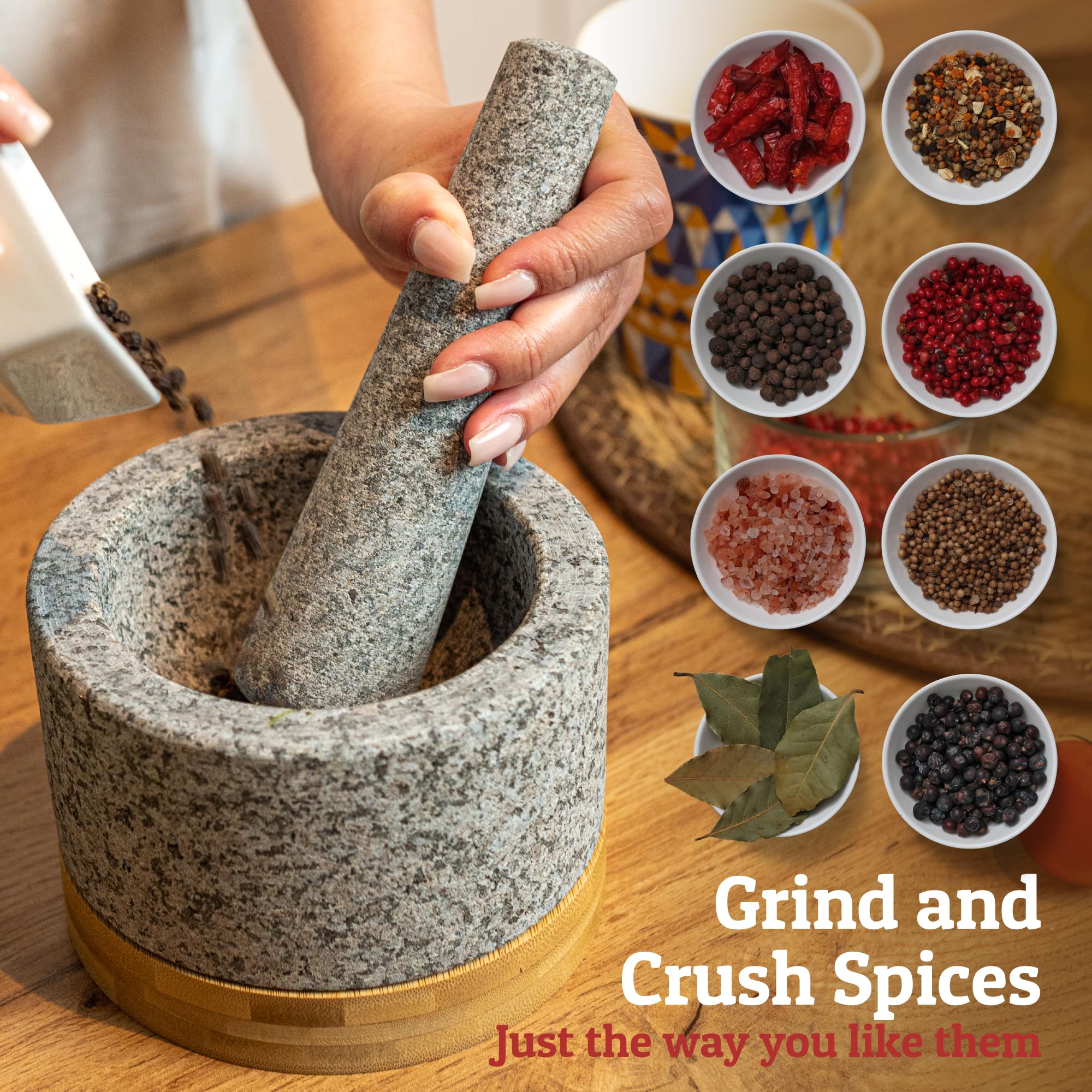Heavy Duty Mortar and Pestle Set with Bamboo Base, Large 2 Cups, 100% Natural Granite Mortar and Pestle Large Stone Grinder Bowl, Molcajete Bowl, Masher Guacamole Bowls, Unpolished Grey