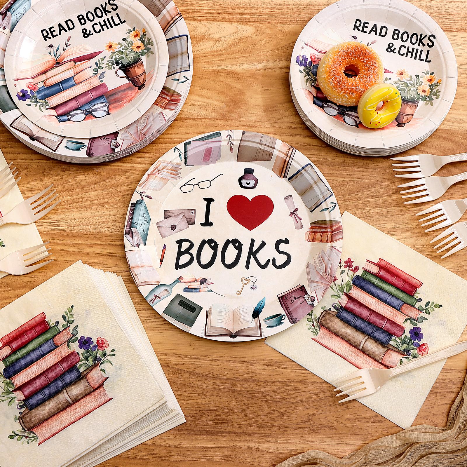 96 Pcs Book Party Decorations Tableware Set Books Lover Gift Disposable Book Club Paper Plate Napkin Fork for Guest Library Reading Storybook Party Supplies Birthday Baby Shower Party Dinnerware Decor