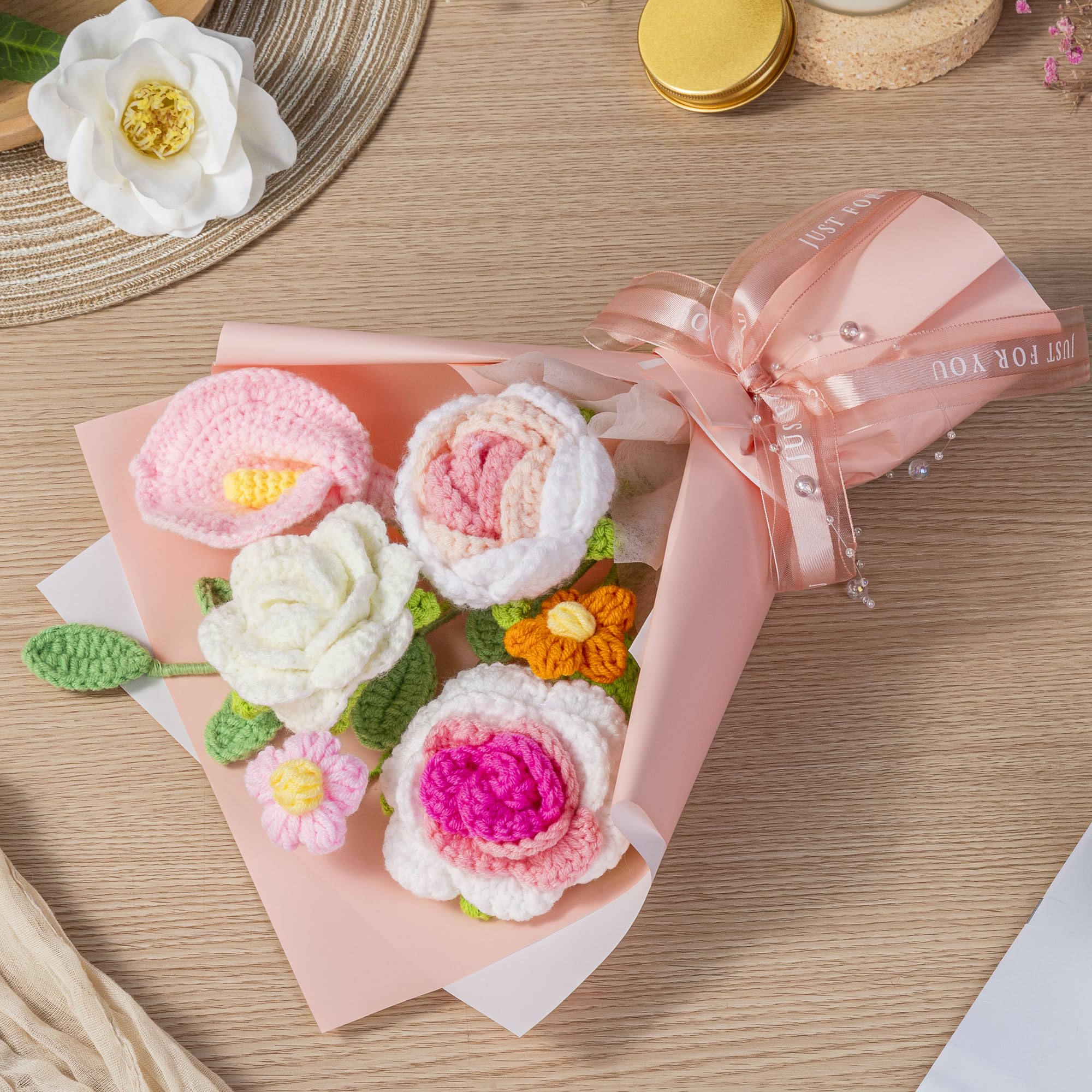 MengxFly Crochet Flower Bouquet Pink, Handmade Crochet Flowers Bouquet, Knitted Floral Gift for Her, Mothers Day Birthday for Women Wife Mom Girlfriend with Gift Box Bag and Card