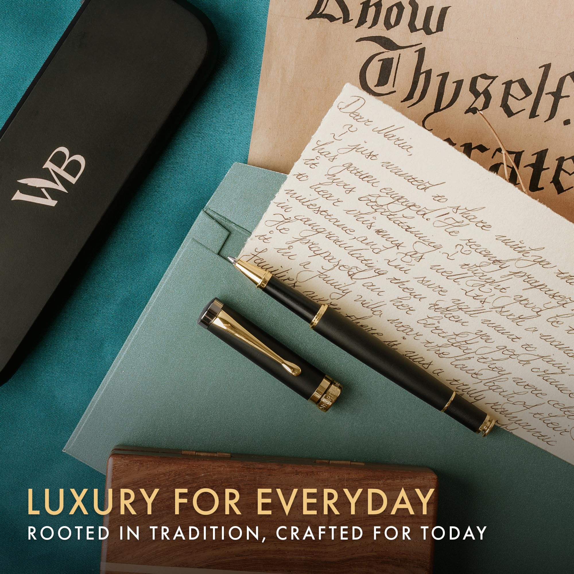 Wordsworth and Black Rollerball Pen-Stunning Luxury Pen Bamboo Blackwood Gold Finish, Refillable, Best Roller Ball Gift Set Pen for Men & Women, Ink Refill, Point Office Pens for Writing