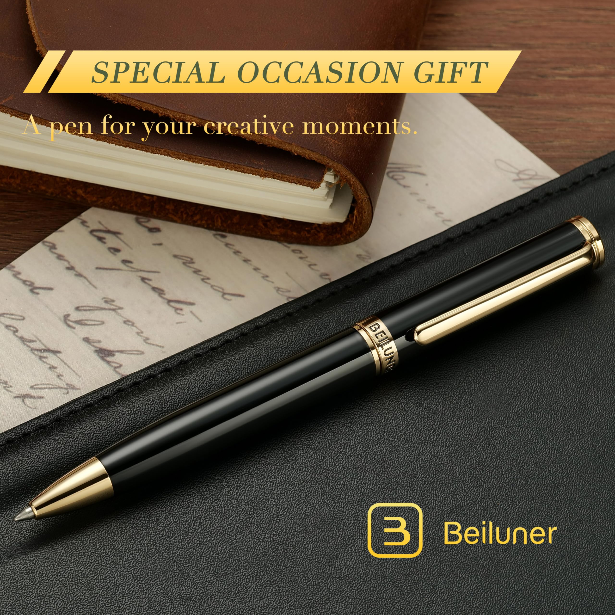 BEILUNER Luxury Gel Pen with 24K Gold Finish, Black Piano Lacquer, Luxury Grade Craftsmanship, Best Pen Gift Set for Men and Women, Professional, Executive, Office, Retractable Nice Pens