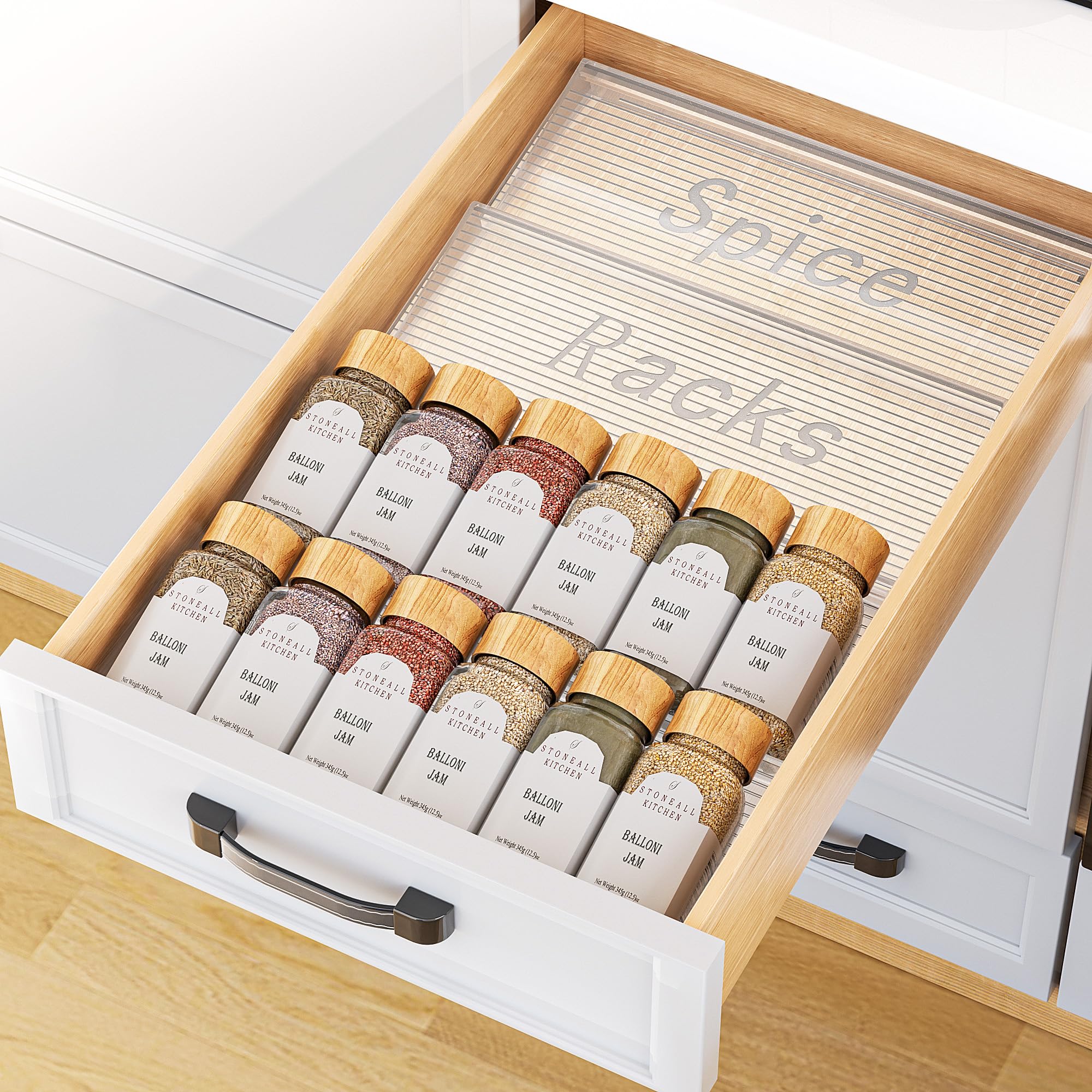 PanPanPal Spice Drawer Organizer, 2 Tier- 2 Pack Clear Acrylic Drawer Seasoning Organizer, Expandable From 11'' to 22'' Kitchen Spice Rack Organizers and Storage for Drawer (Jars not included)