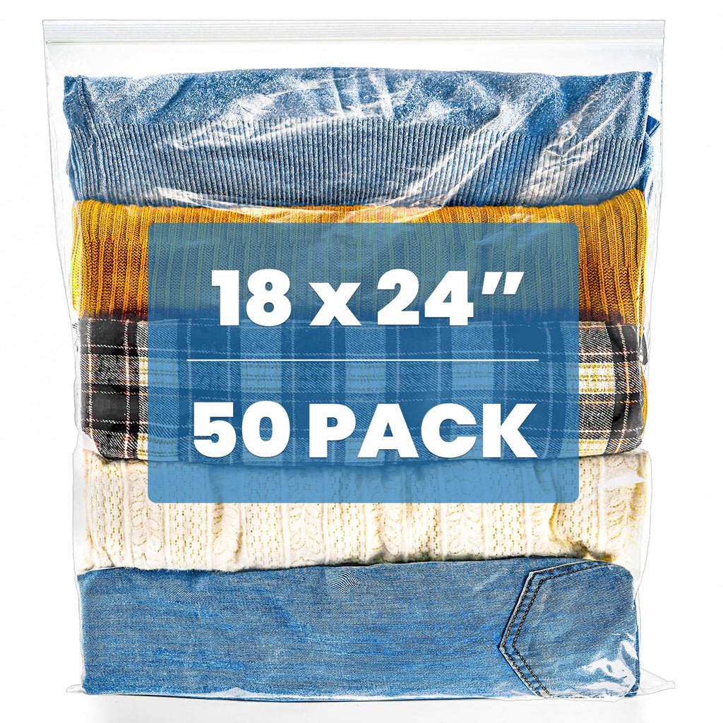 Elsjoy 50 Pack 18" x 24" Large Reclosable Storage Bags, 5 Gallon Resealable Zipper Plastic Bags for Clothes, Clear Reusable XL Zip Bags for Moving, Food, Clothing