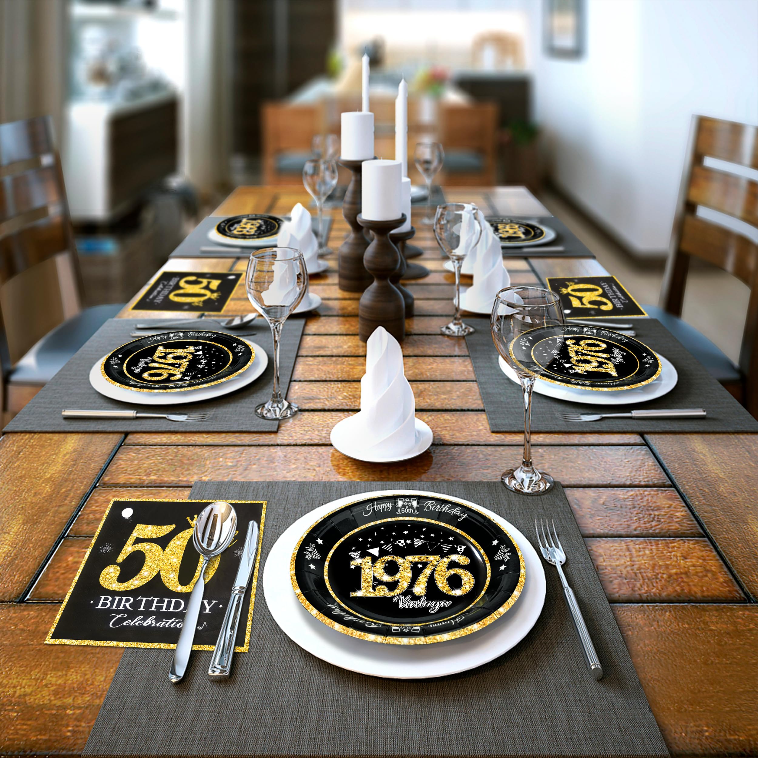 algpty 60 PCS Vintage 50th Birthday Plates and Napkins Set, 50th Birthday Decorations Black and Gold, Service for 30, 1976 Dessert Plates and Napkins Party Supplies for Men Women
