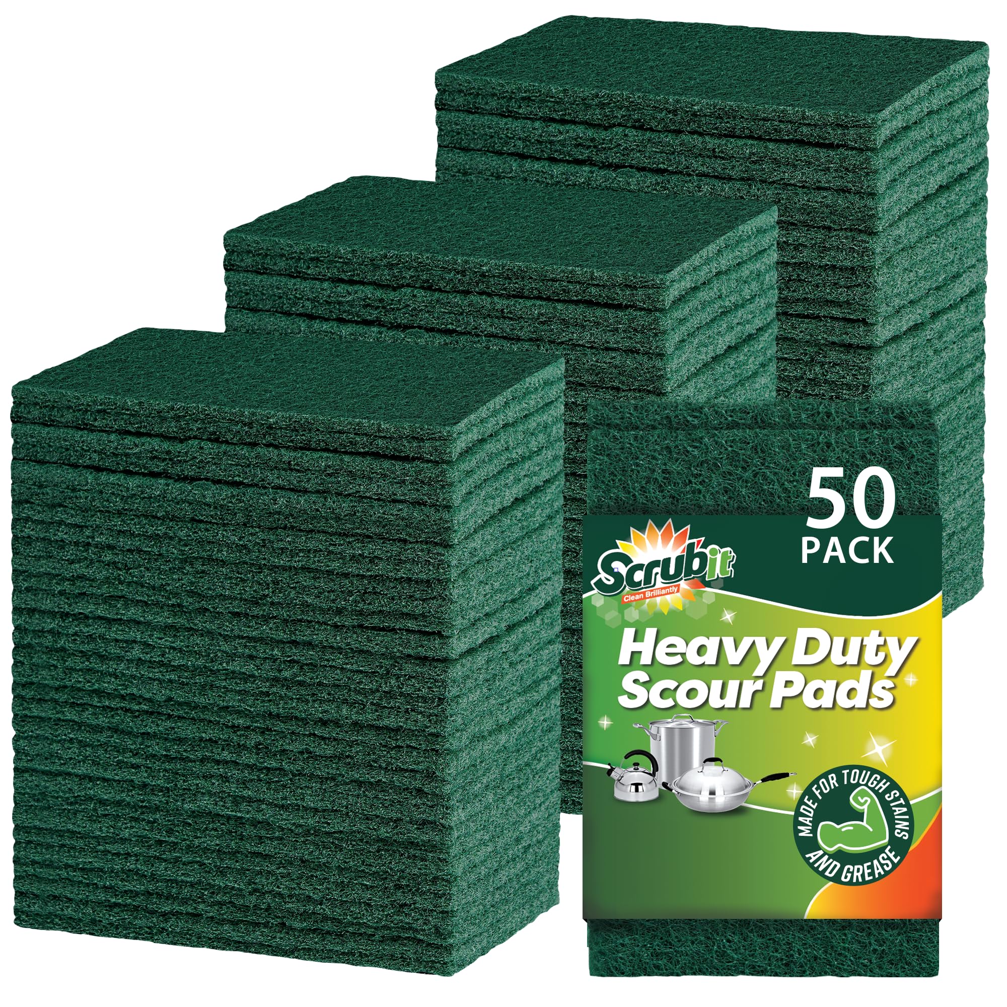 SCRUBIT Scouring Pads - Heavy Duty Scrub Pads for Cleaning Dishes - Non-Scratch - Reusable - Green (50)
