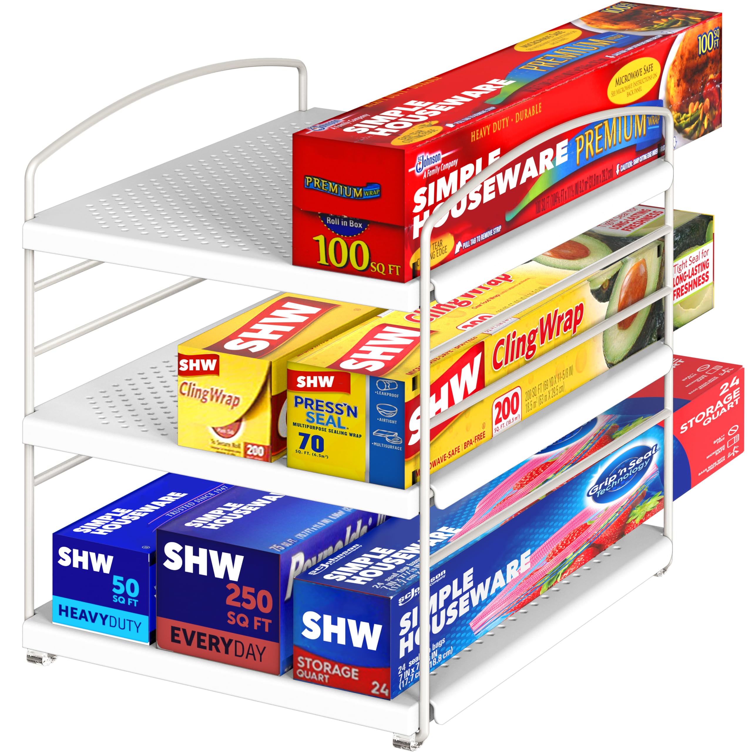 Simple Houseware Height Adjustable Kitchen Shelf Organizer, Aluminum Foil & Plastic Wrap Rack for Cabinet or Counter Storage, 9.5" D x 7.9" W x 9.8" H, White