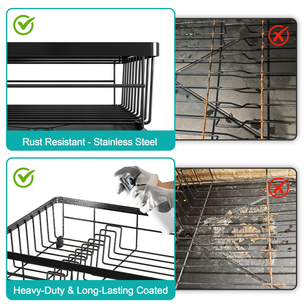 MAJALiS Stainless Steel Dish Drying Rack with Drain Board for Kitchen Counter, Rust Proof Small Dish Drainer with Drainage, Black Iron Dish Storage Organizer, Cutlery Holder and Extra Dryer Tray