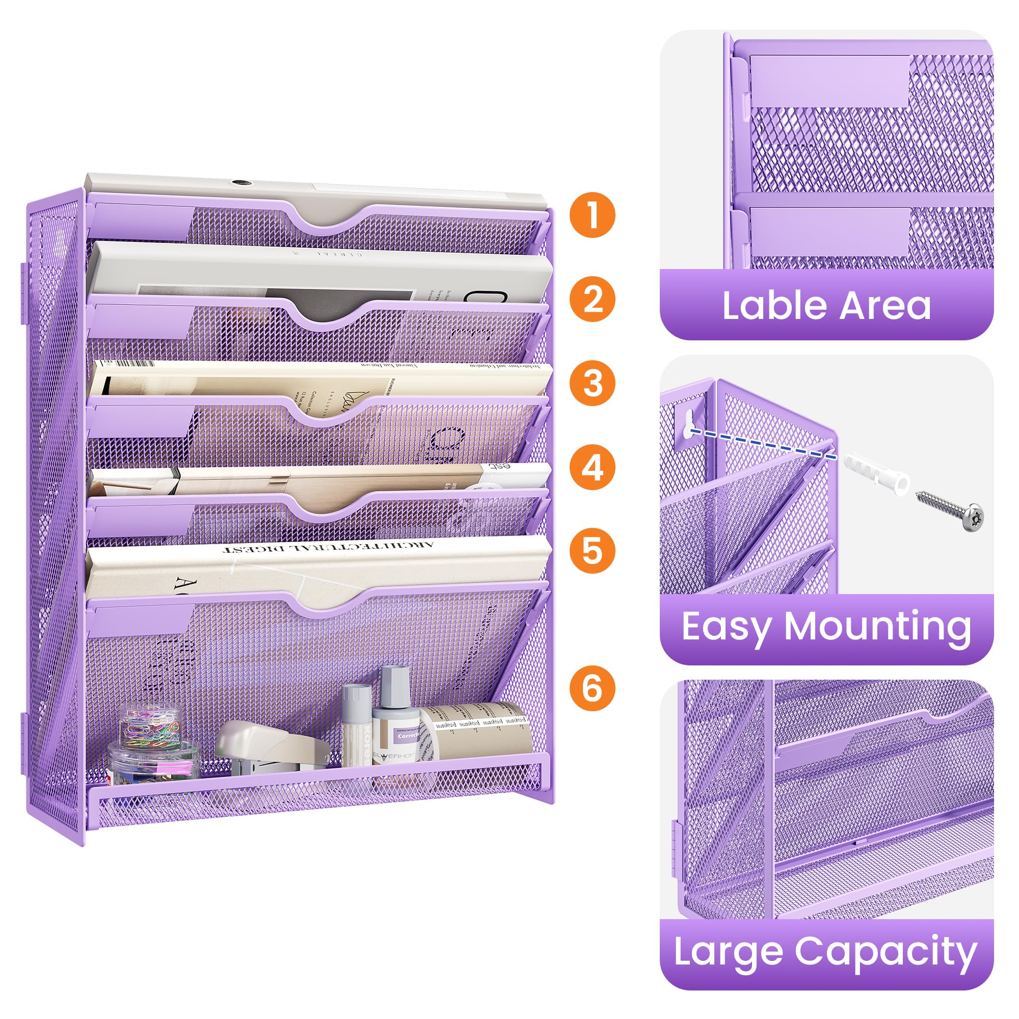 SUBEKYU File Organiser, 6-Tier A4 Wall Mounted Magazine File Holder for Mails Folders Papers, Vertical Document Organiser for Office Home - Purple