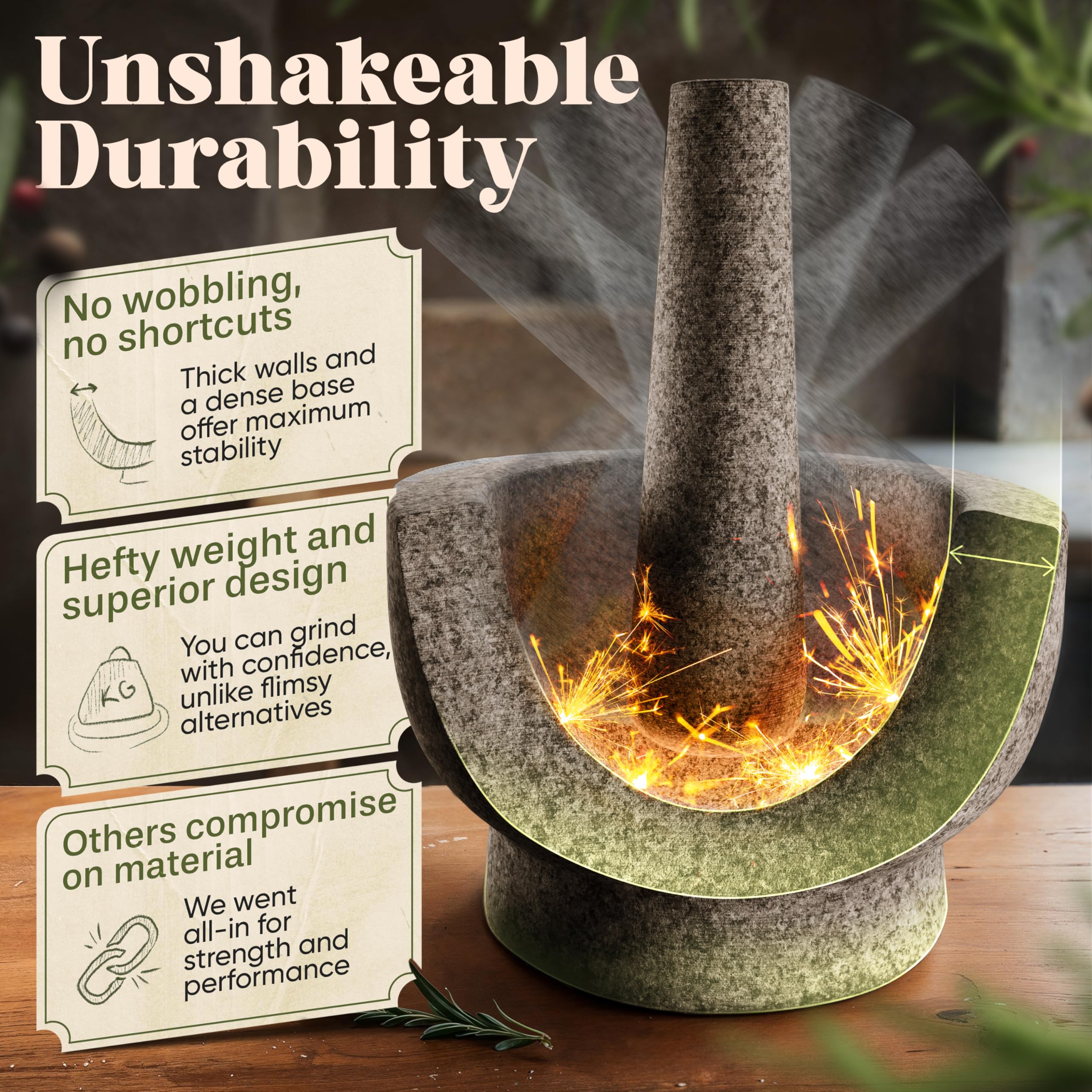 ChefSofi 1.5 Cup-Capacity Mortar and Pestle Set - Unpolished Heavy Granite for Enhanced Performance and Organic Appearance Gray 1.5-Cups