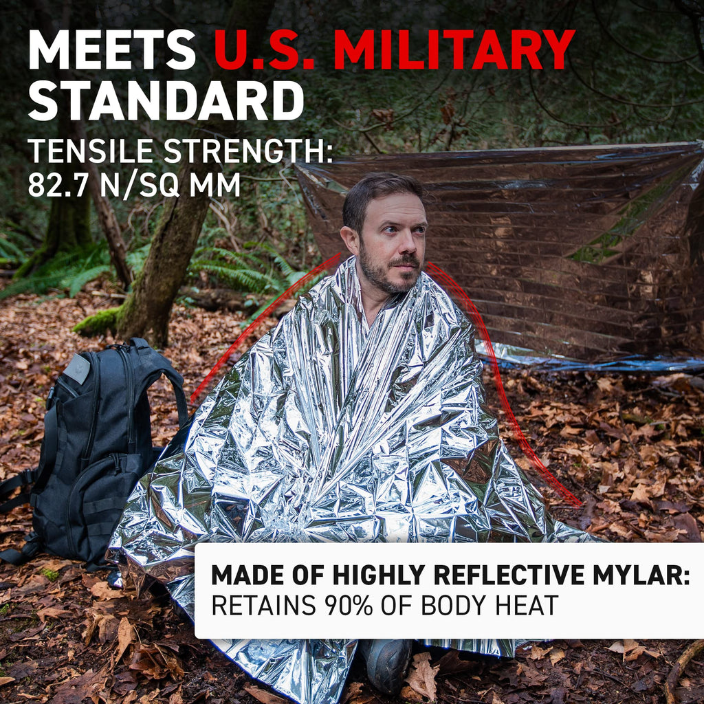 72 HRS (Pack of 4) MIL-SPEC 137 × 224 cm Emergency Blanket-Mylar Blanket, Thermal Blanket Emergency, Waterproof, Retains 90% Body Heat for Winter Camping, Hiking, First Aid, Extreme Weather